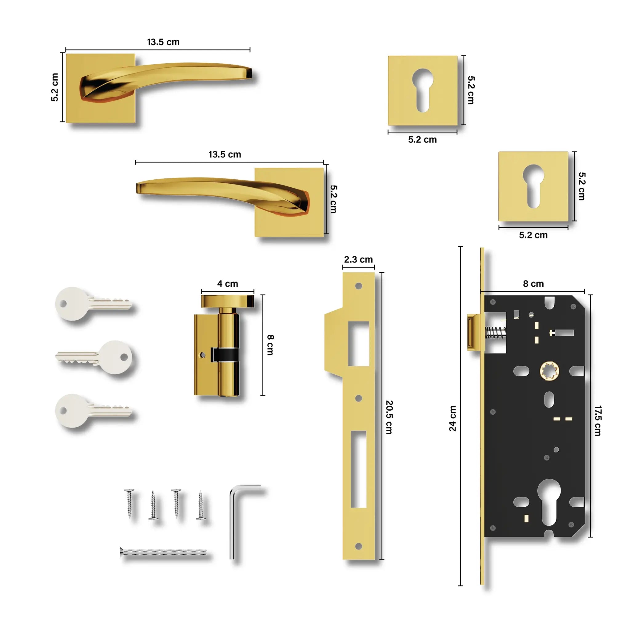 Gloxy Venso Series Gold Finish Mortise Main Door key Lock With Handle