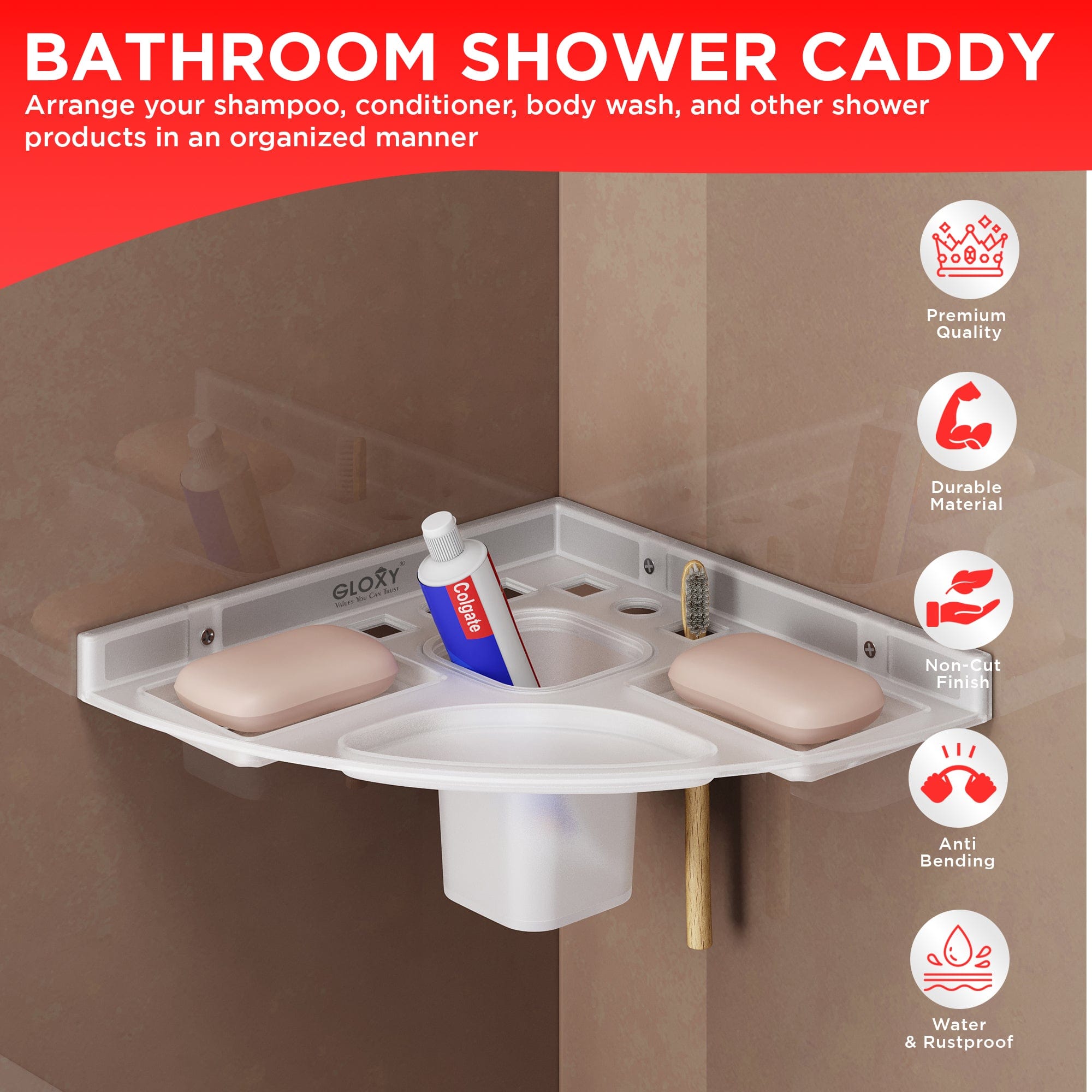 GLOXY® Unbreakable Corner Soap Dish with Toothbrush & Tumbler Holder - Bathroom Accessory.