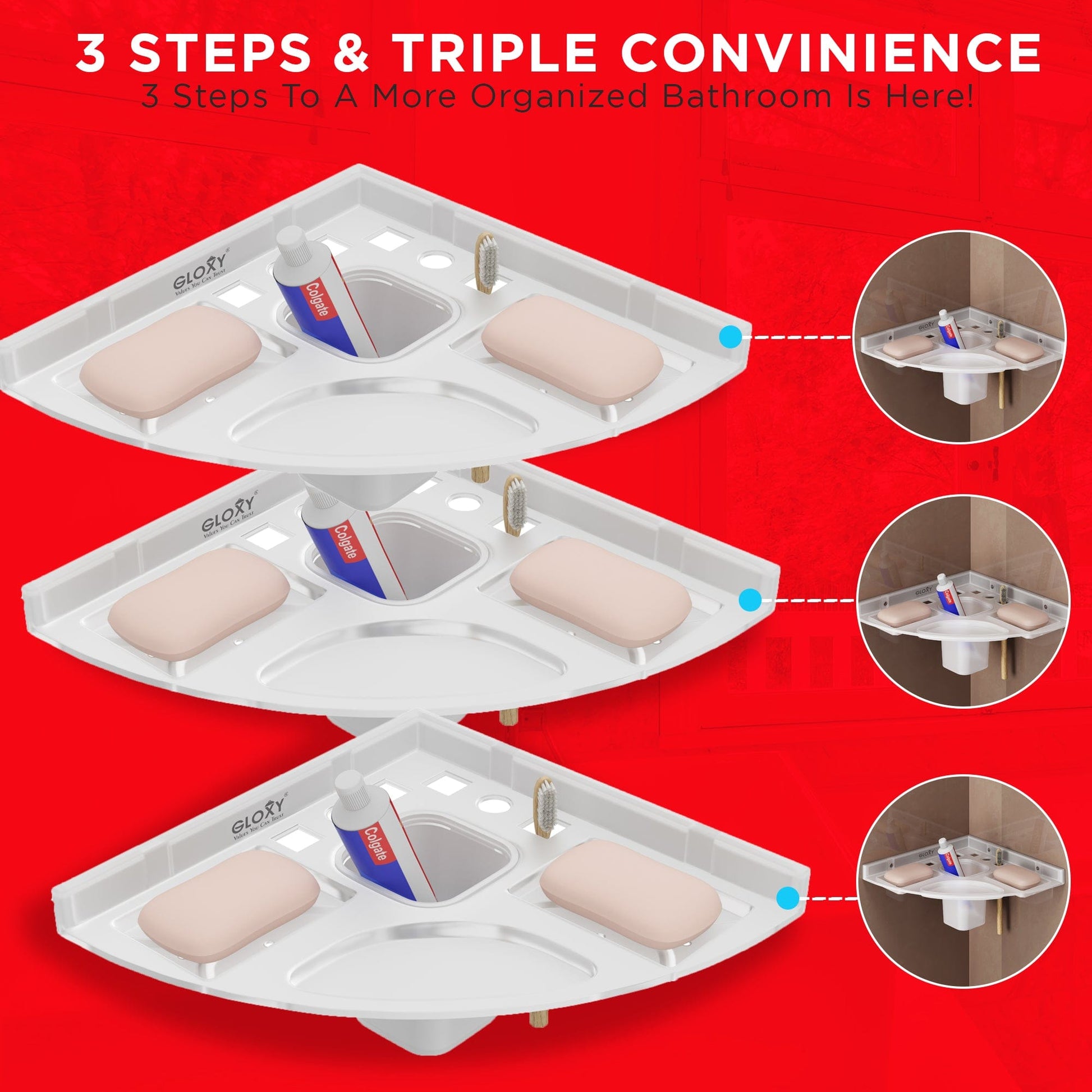 GLOXY® Unbreakable Corner Soap Dish with Toothbrush & Tumbler Holder - Bathroom Accessory.