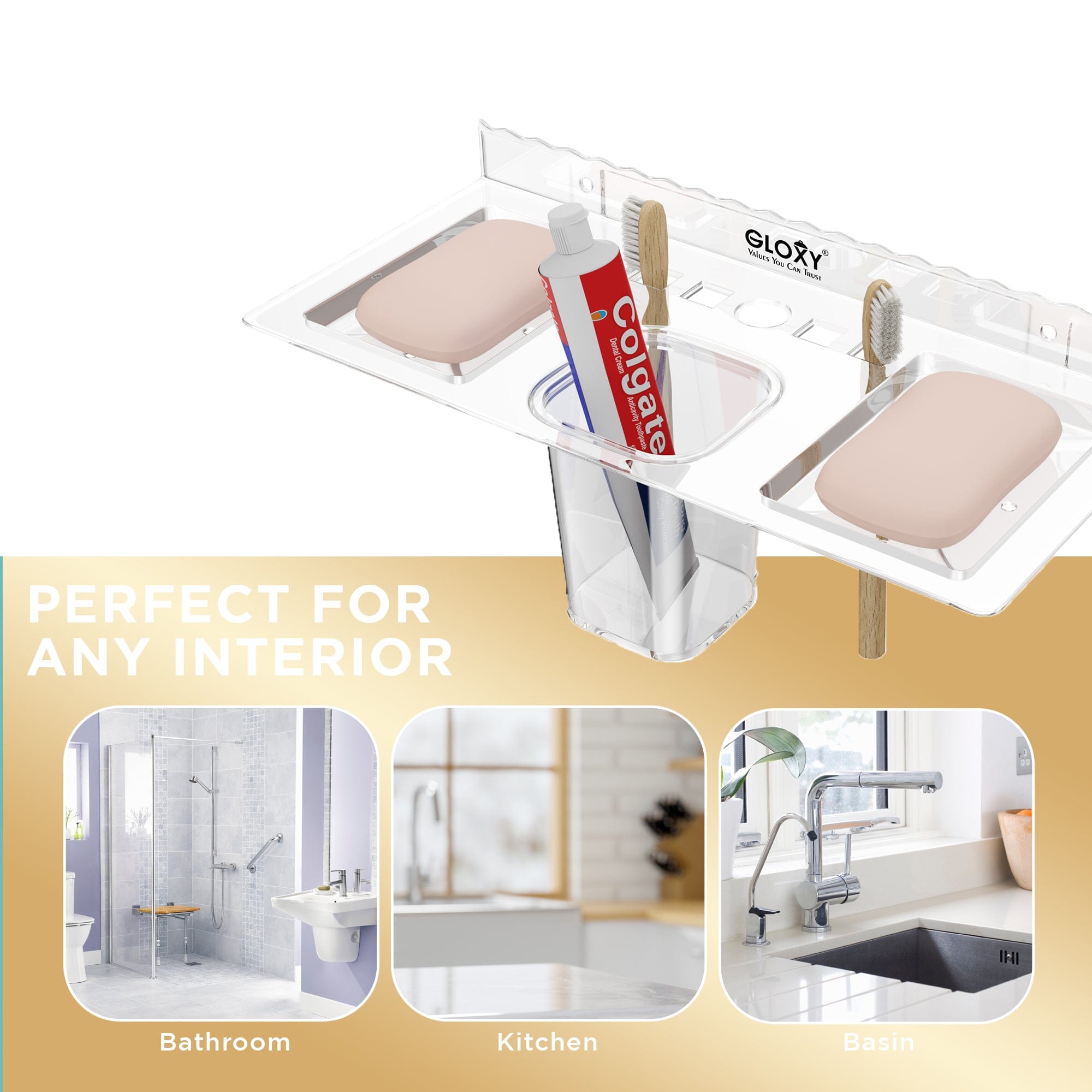 GLOXY® Unbreakable Corner Double Soap Dish with Toothbrush & Tumbler Holder - Stylish Bathroom Accessories.