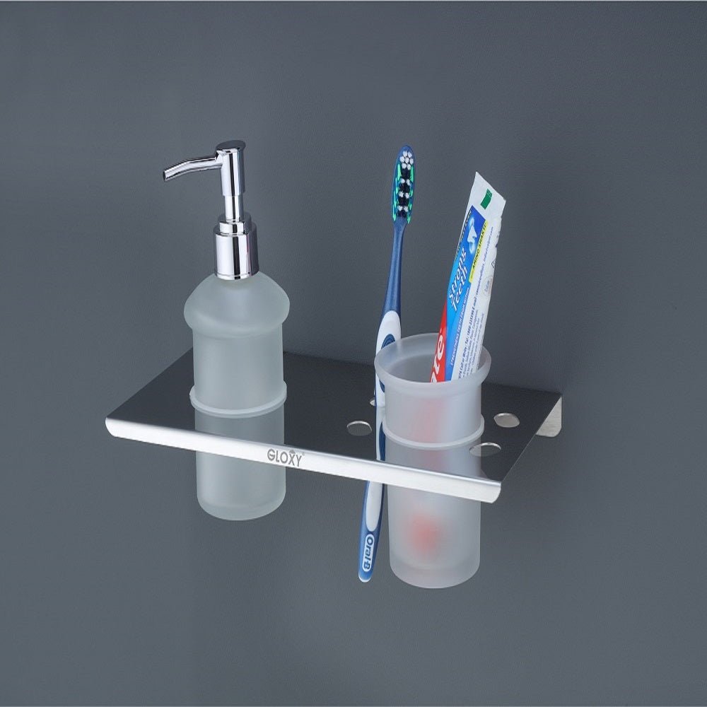 Gloxy Smokey Shape Stainless Steel Chrome Finish Tumbler Holder With Soap Dispencer