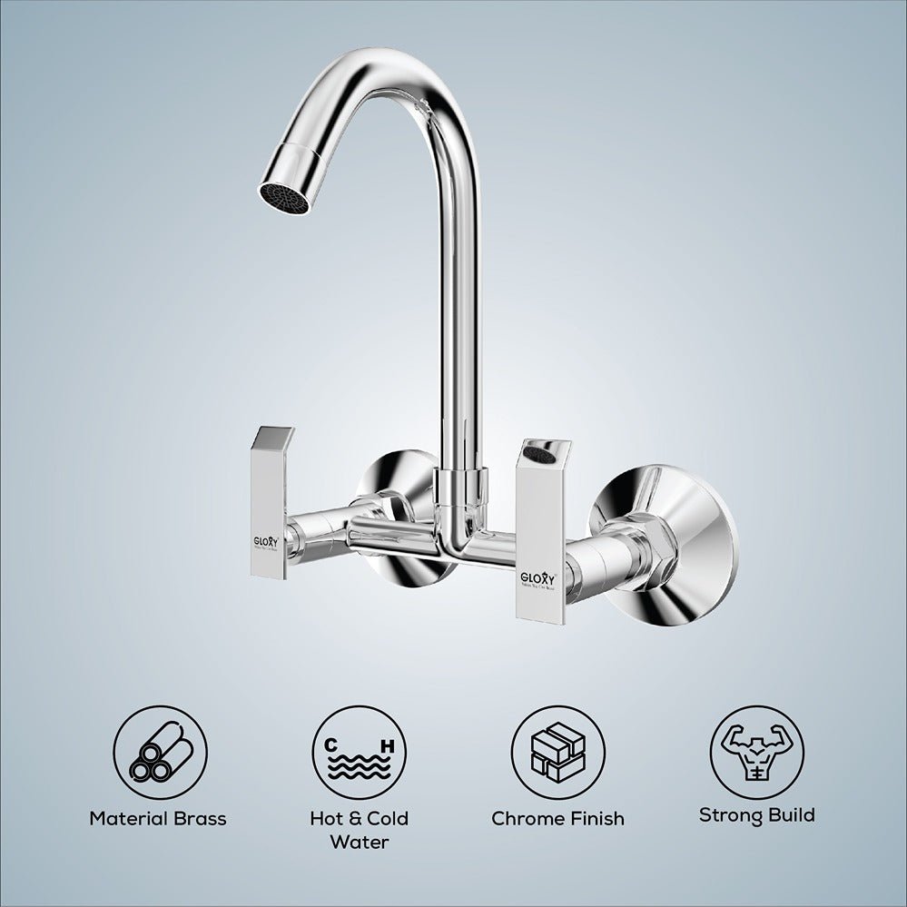 Gloxy Jet+ Series Double Lever Hot & Cold Water Mixer with 360° Swivel Spout Wall Mount Brass Swan Neck Faucet
