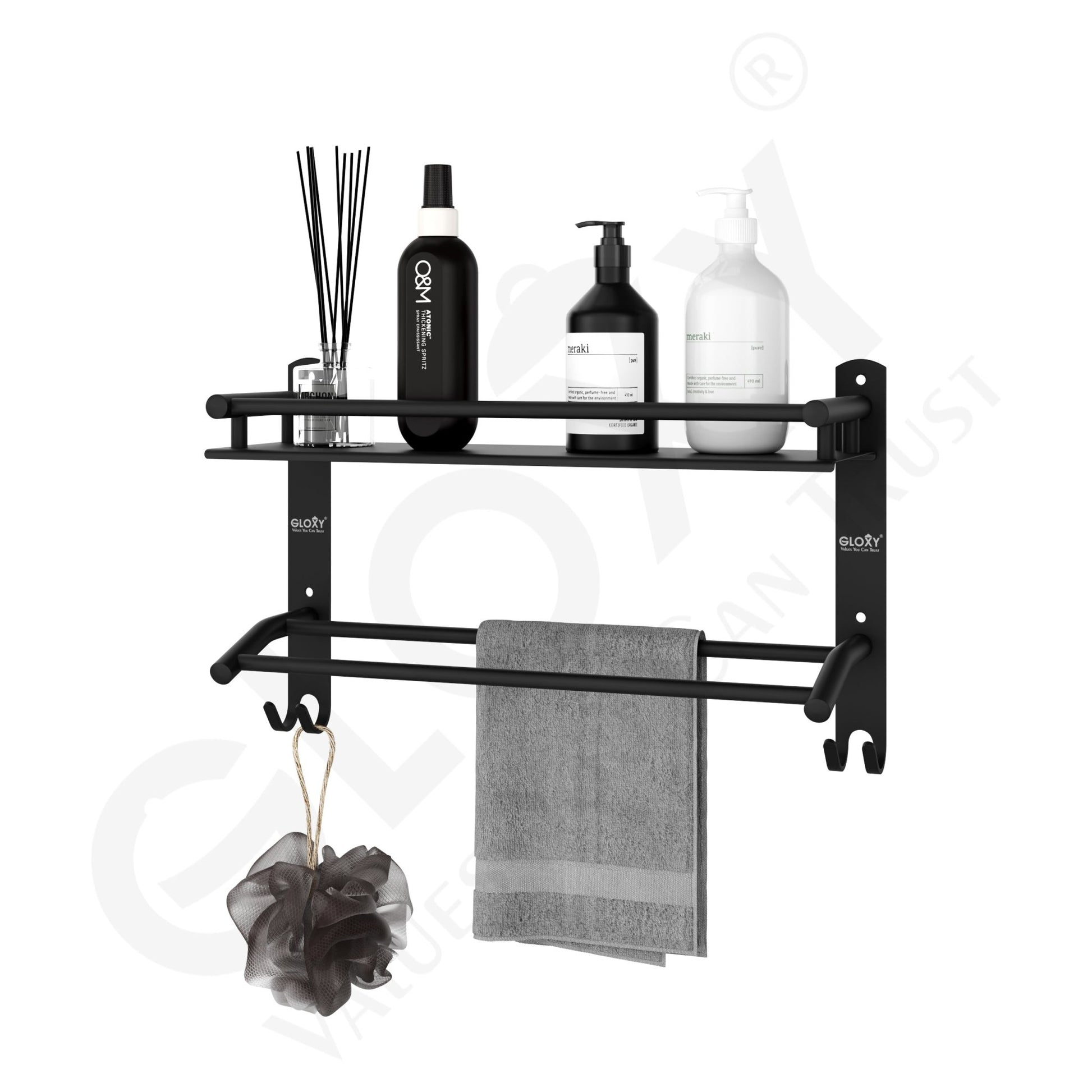 Black Matte Wall Mount Stainless Steel Shelf with Towel Holder