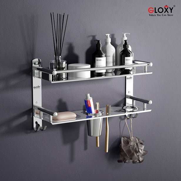 Gloxy Stainless Steel 2-Layer Chrome Finish Bathroom Shelf with Soap Dish,Tumbler Holder,Hooks