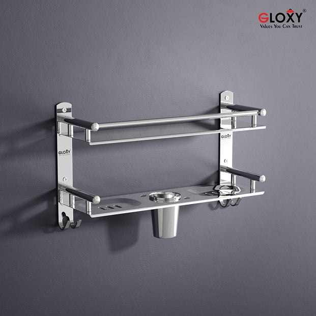 Gloxy Stainless Steel 2-Layer Chrome Finish Bathroom Shelf with Soap Dish,Tumbler Holder,Hooks