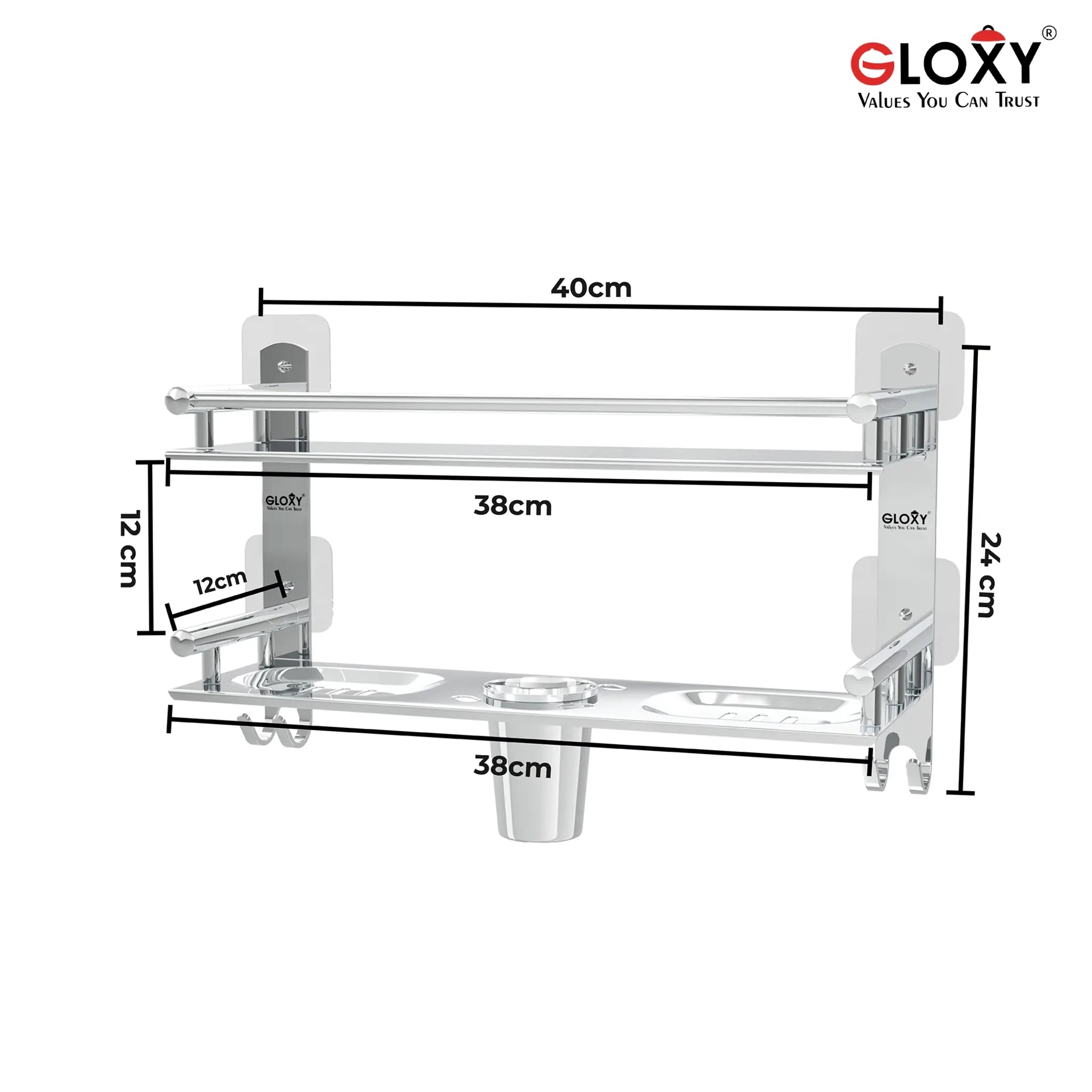 Gloxy Stainless Steel 2-Layer Chrome Finish Bathroom Shelf with Soap Dish, Tumbler Holder, Hooks-Adhesive Sticker Installation