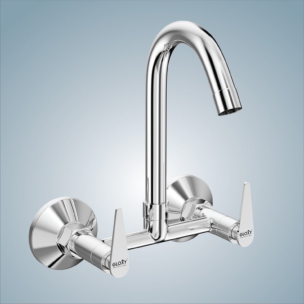 Gloxy Nano Series Double Lever Hot & Cold Water Mixer with 360° Swivel Spout Wall Mount Brass Swan Neck Faucet