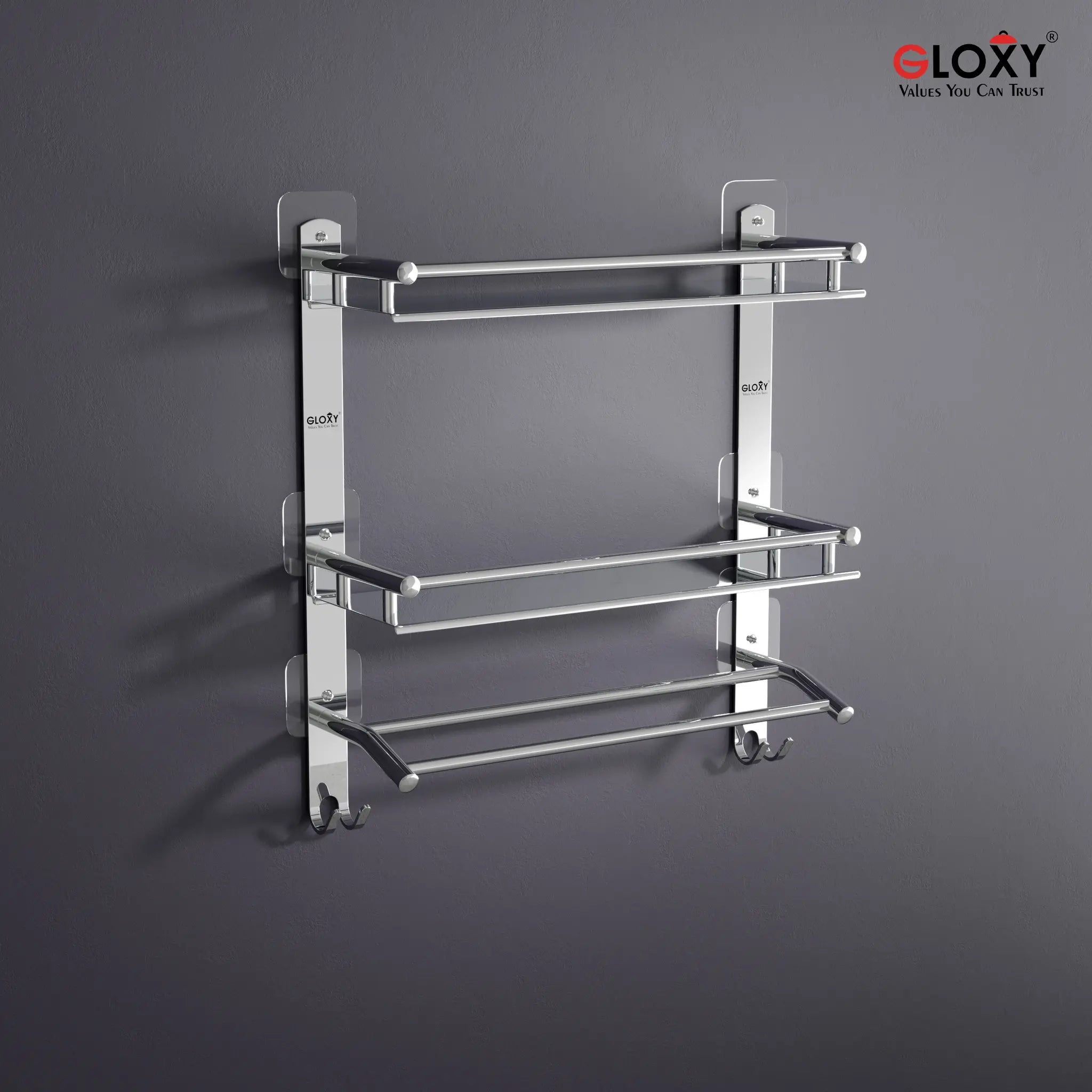 Gloxy Stainless Steel 3-Layer Chrome Finish Bathroom Shelf with Towel Holder-Adhesive Sticker Installation