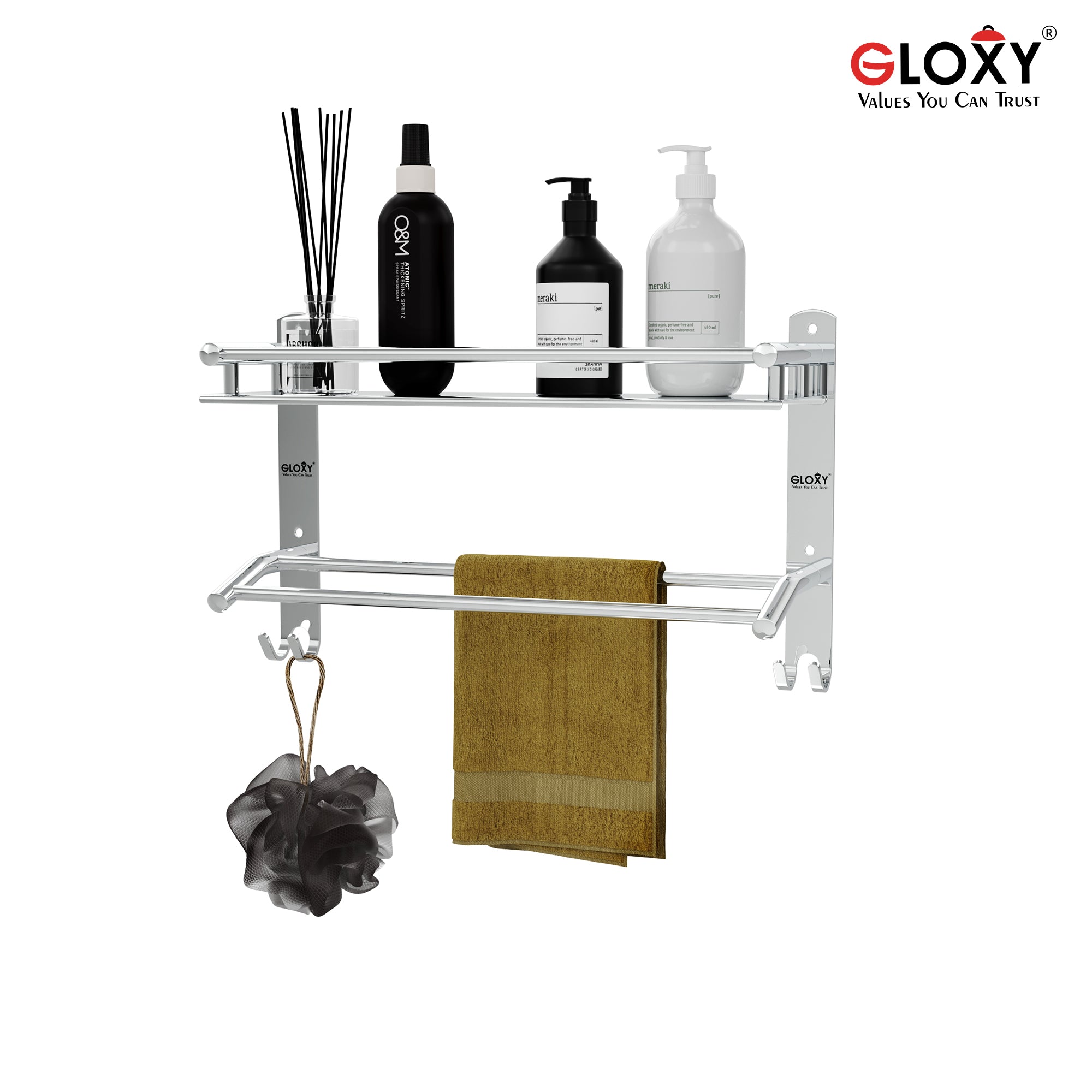 Gloxy Stainless Steel 2-Layer Chrome Finish Bathroom Shelf with Towel Rod