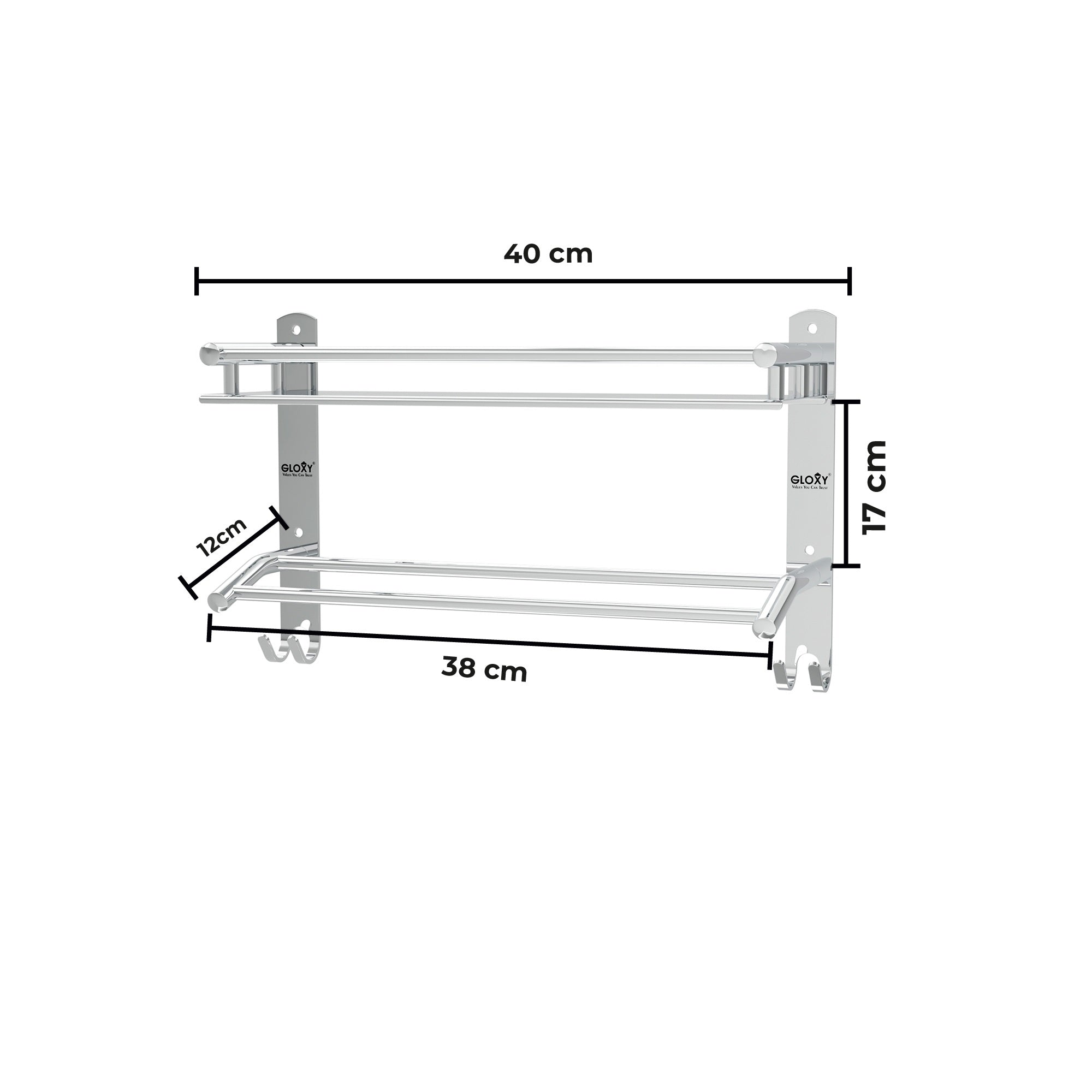 Gloxy Stainless Steel 2-Layer Chrome Finish Bathroom Shelf with Towel Rod