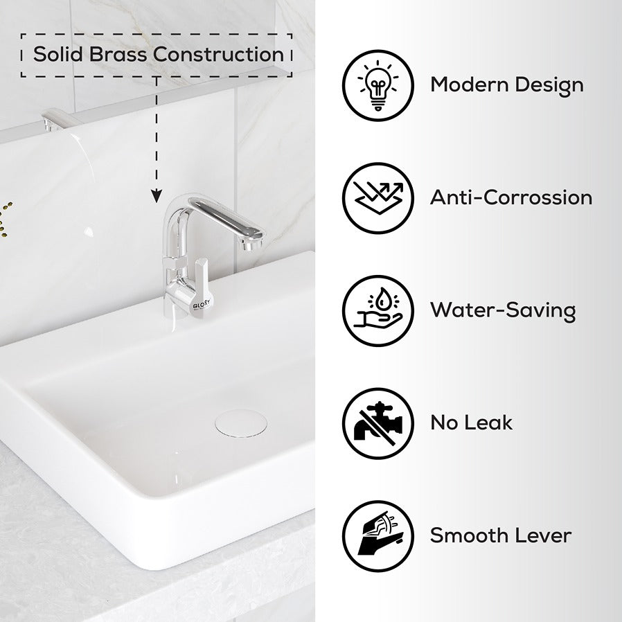 Gloxy Lotus Series Single Lever 360° Swivel Spout Deck Mount Brass Swan Neck Faucet