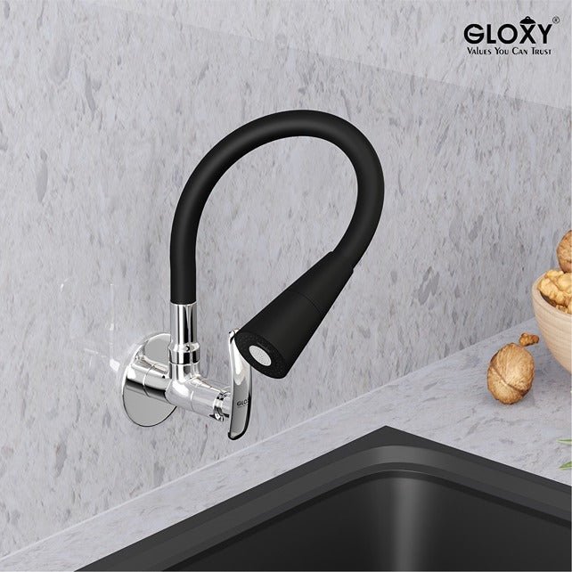 Gloxy Riva Series Dual Flow Brass Wall Mount 360° Flexible Swivel Faucet-Black Finish
