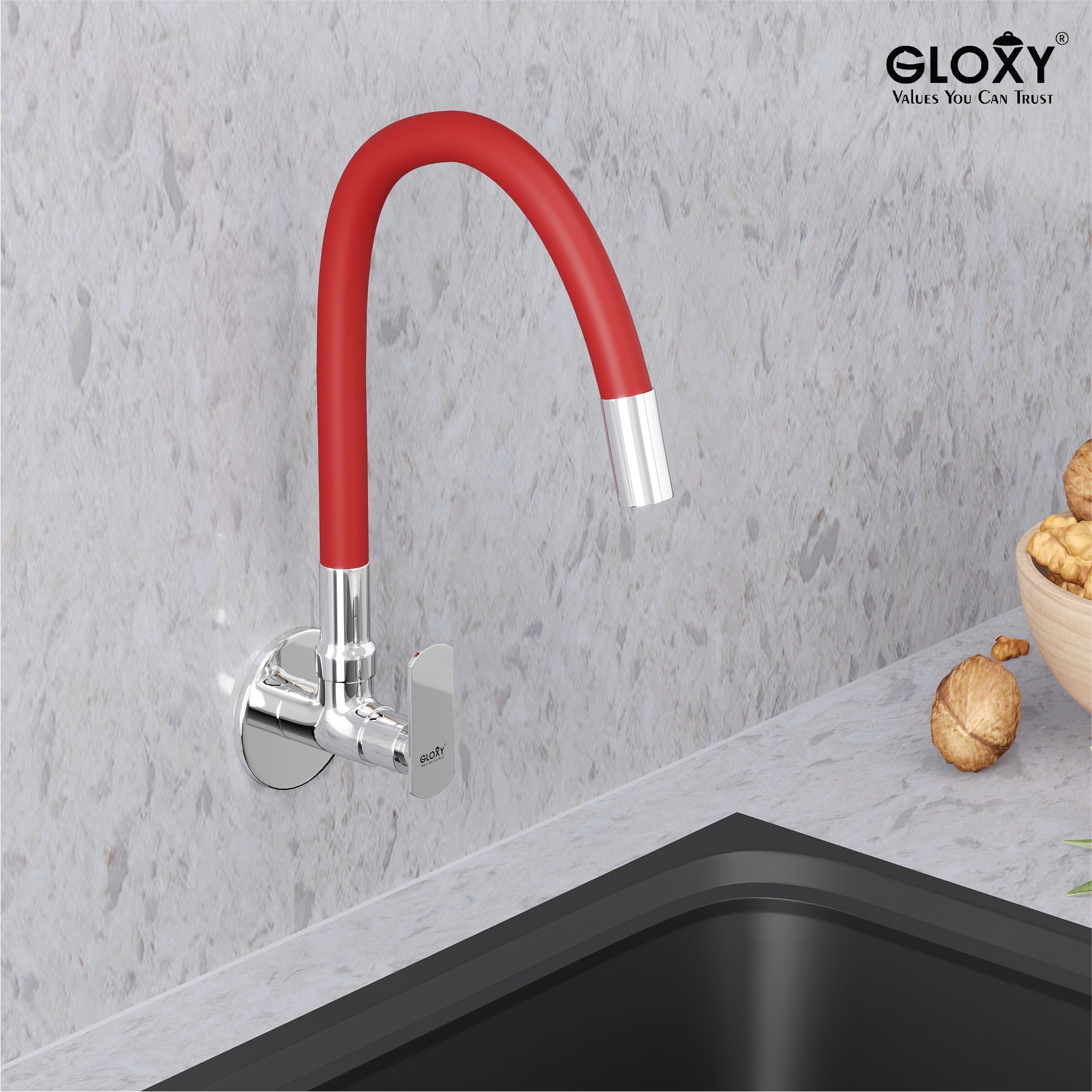 Gloxy Jet+ Series Singel Flow Brass Wall Mount 360° Flexible Swivel Faucet – Red Finish