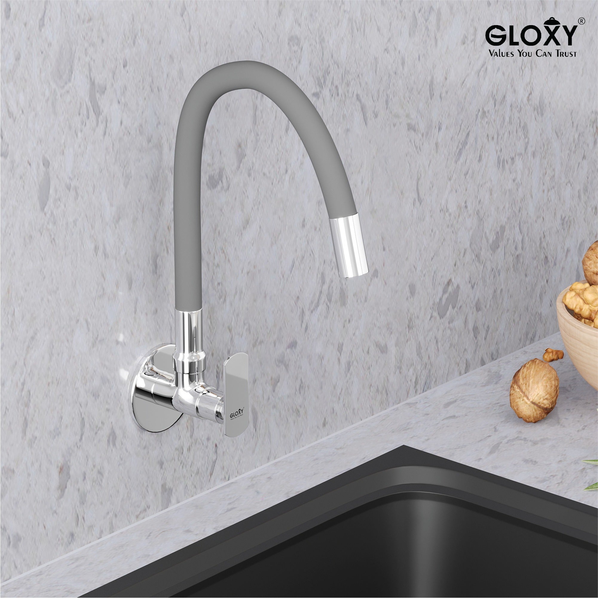 Gloxy Jet+ Series Singel Flow Brass Wall Mount 360° Flexible Swivel Faucet – Grey Finish