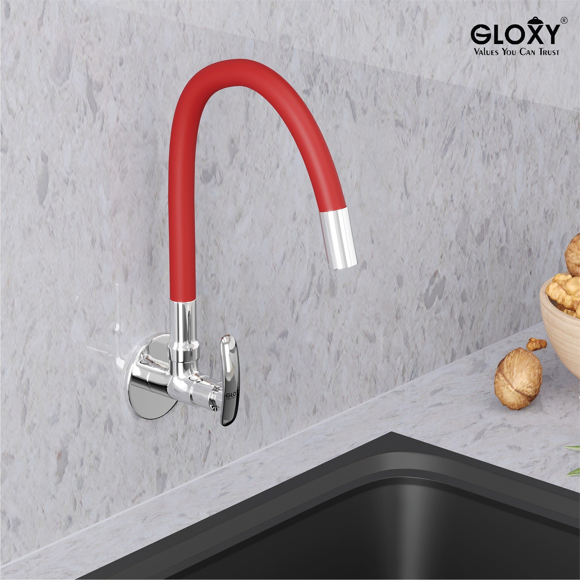 Gloxy Riva Series Singel Flow Brass Wall Mount 360° Flexible Swivel Faucet – Red Finish