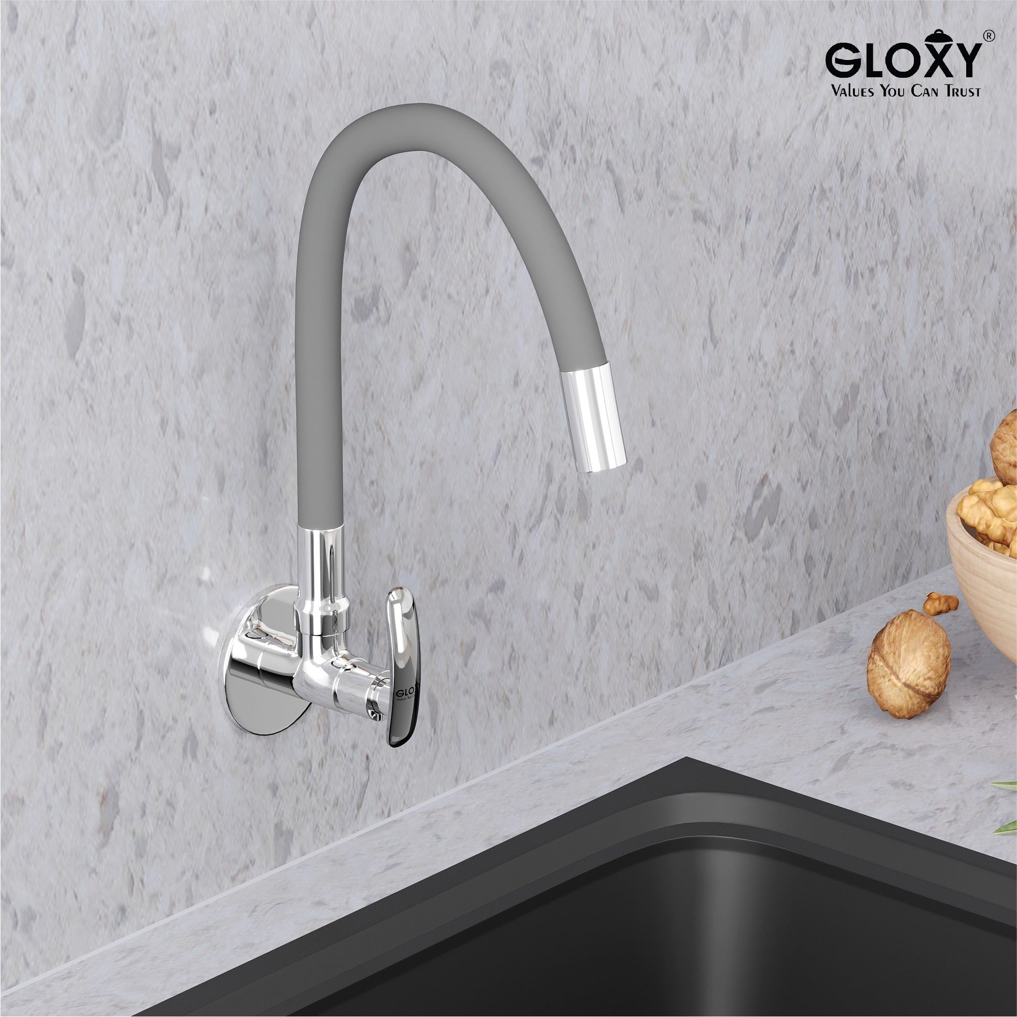 Gloxy Riva Series Singel Flow Brass Wall Mount 360° Flexible Swivel Faucet – Grey Finish