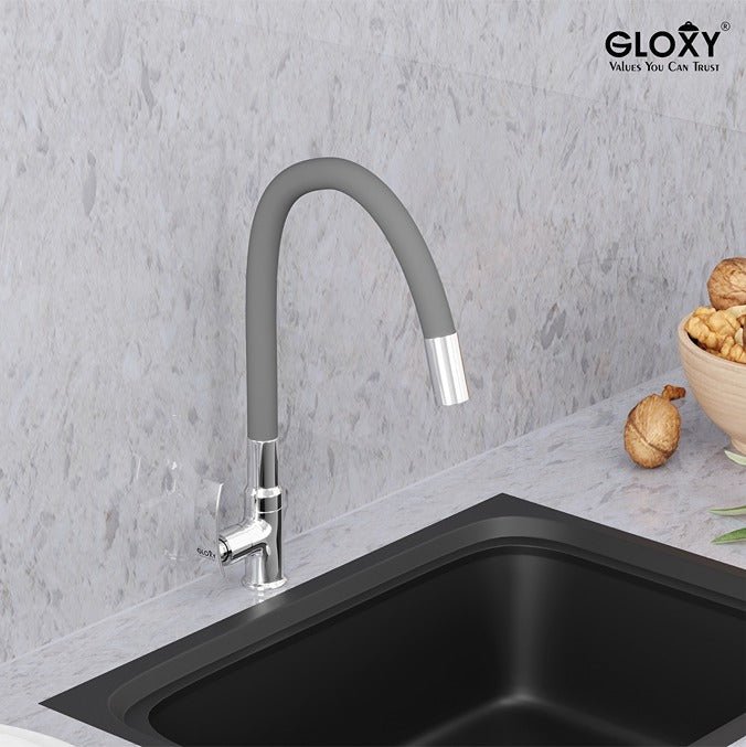 Gloxy Touch Series Singel Flow Brass Deck Mount 360° Flexible Swivel Faucet – Grey Finish