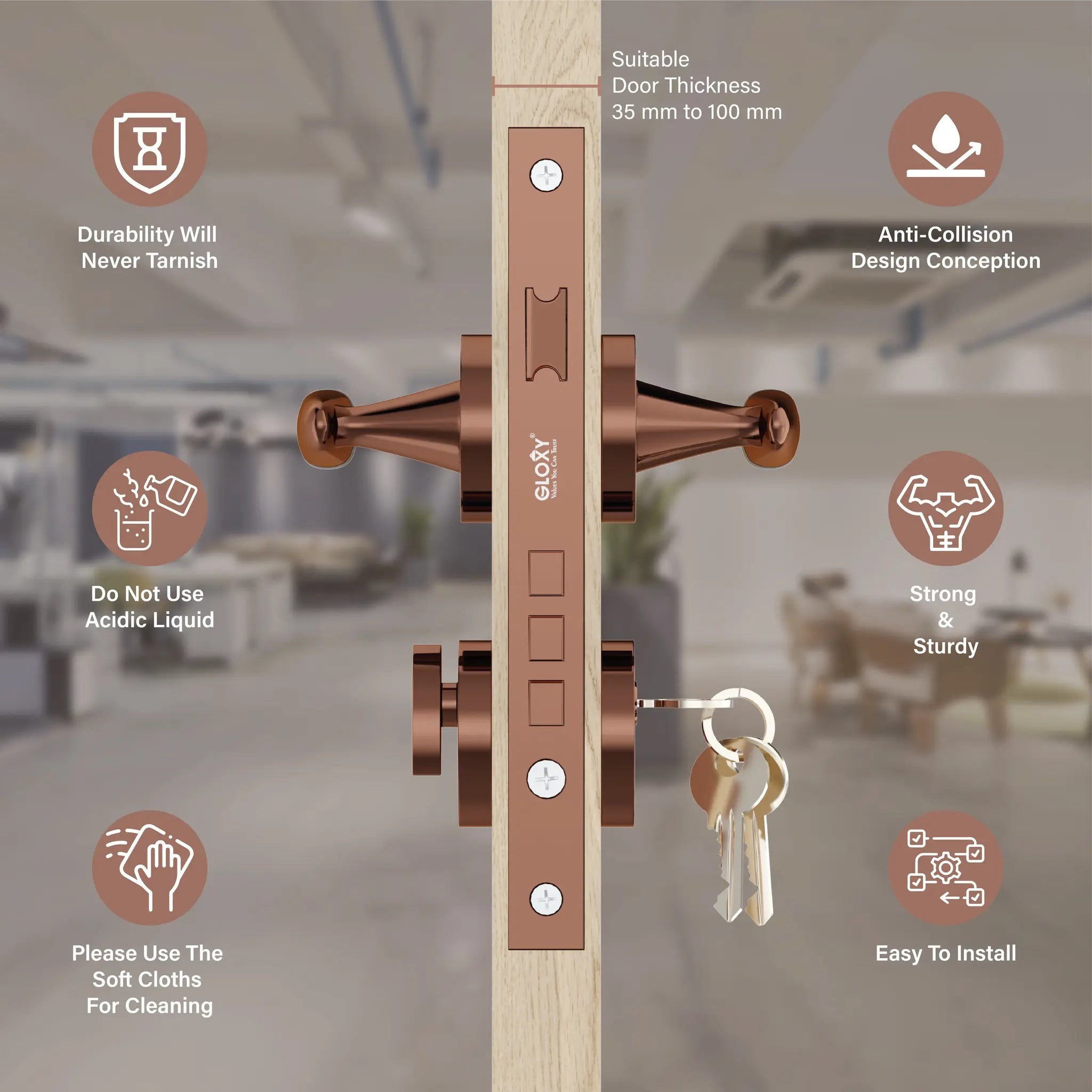Gloxy Royal Series Rose Gold Finish Mortise Main Door Key Lock With Handle