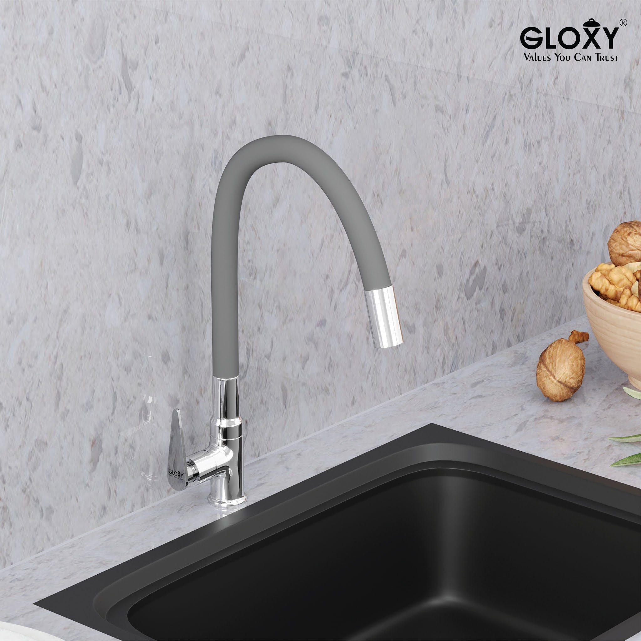Gloxy Nano Series Singel Flow Brass Deck Mount 360° Flexible Swivel Faucet – Grey Finish
