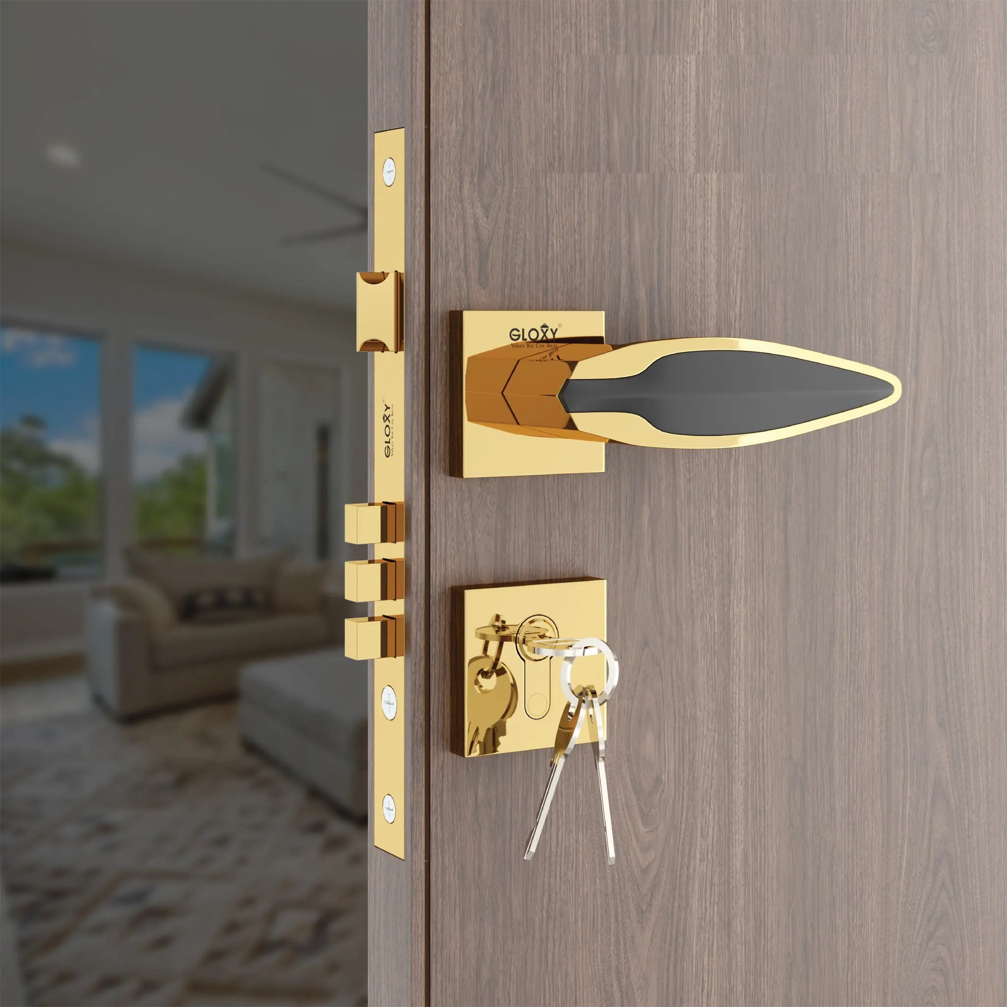 Gloxy Kavro Series Gold Finish Mortise Main Door Key Lock With Handle