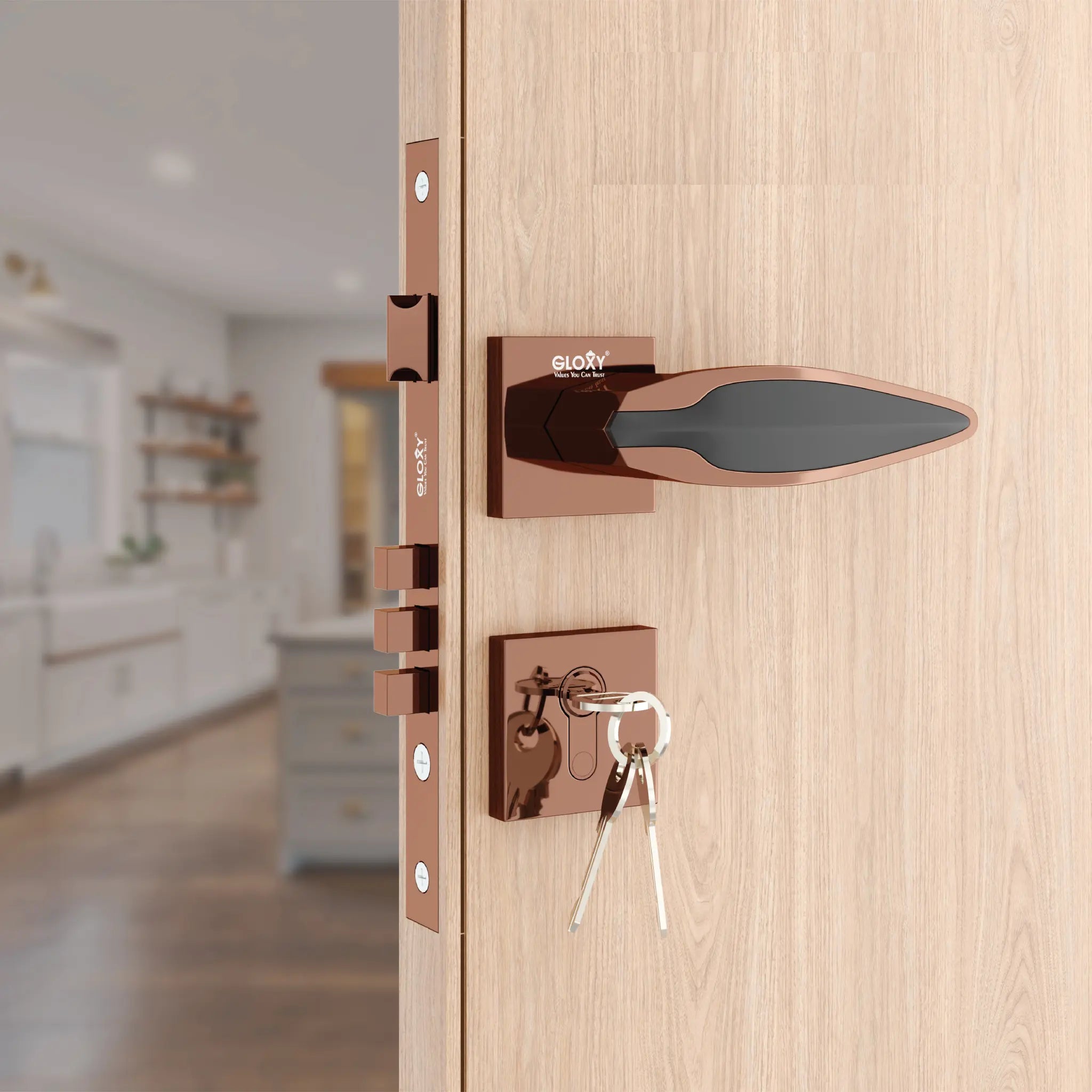 Gloxy Kavro Series Rose Gold Finish Mortise Main Door Key Lock With Handle
