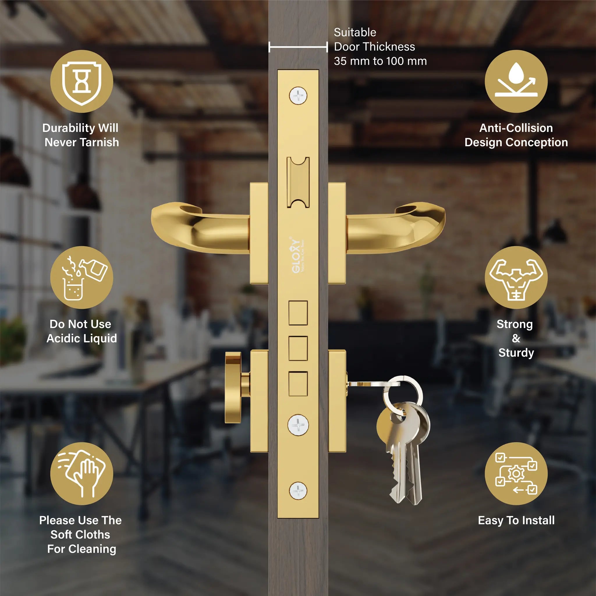 Gloxy Venso Series Gold Finish Mortise Main Door key Lock With Handle