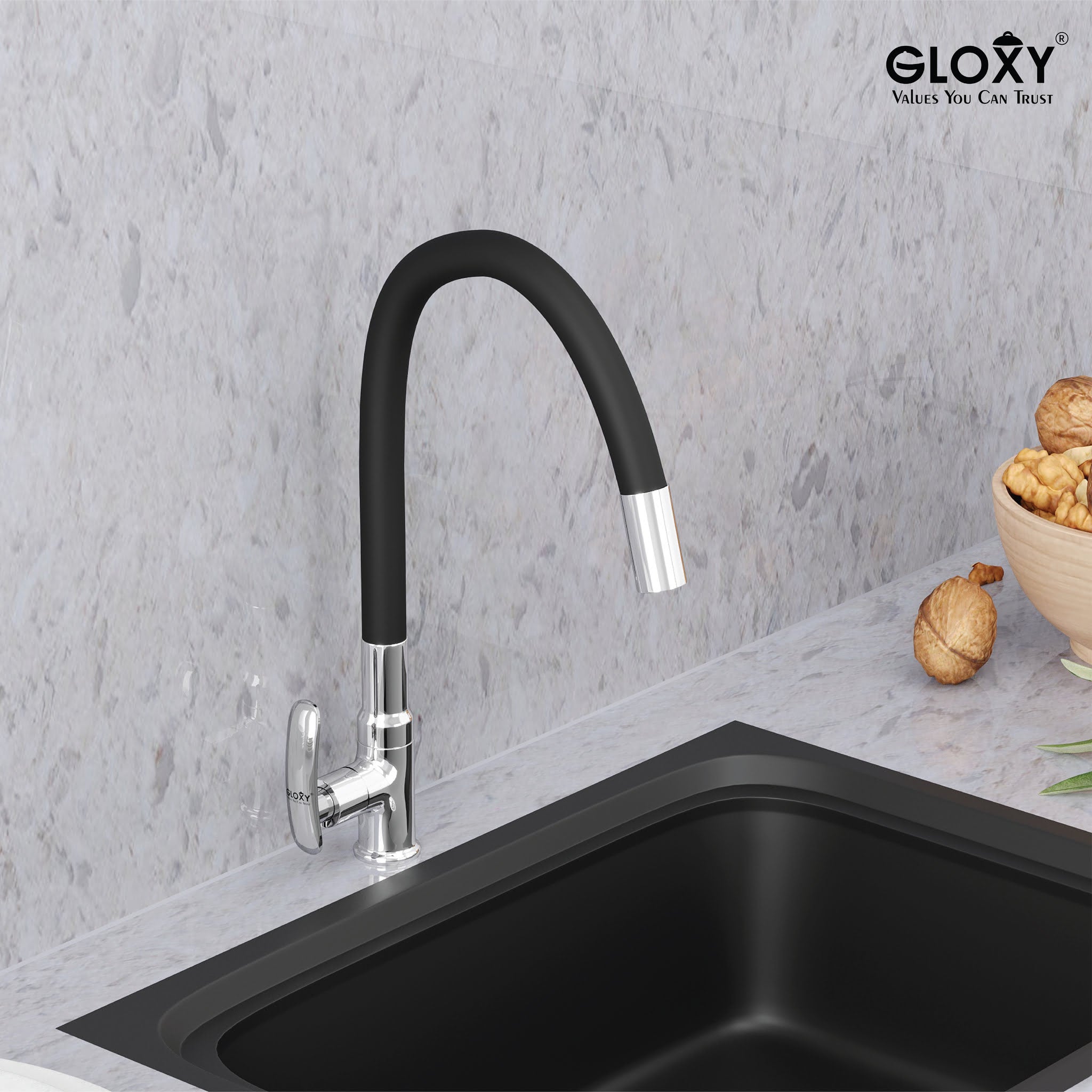 Gloxy Riva Series Singel Flow Brass Deck Mount 360° Flexible Swivel Faucet – Black Finish