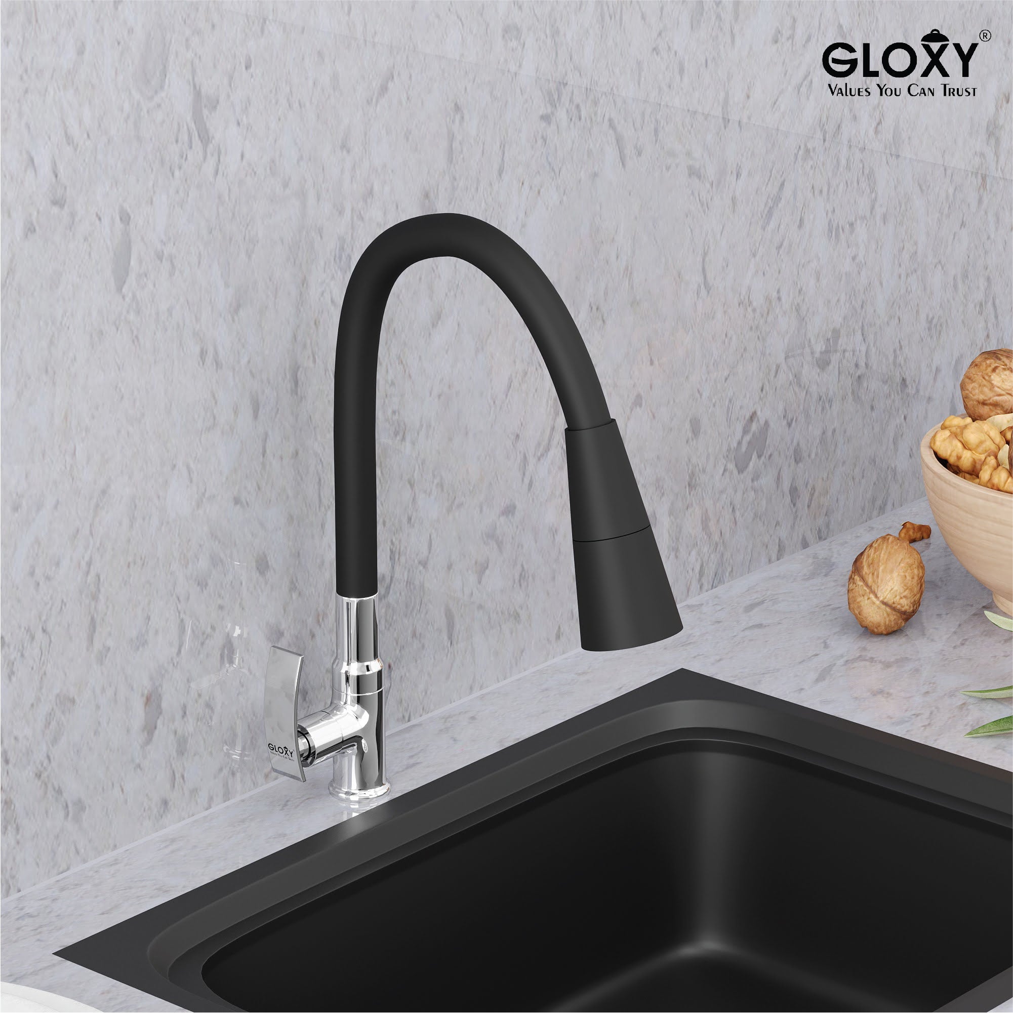 Gloxy Touch Series Dual Flow Brass Deck Mount 360° Flexible Swivel Faucet – Black Finish
