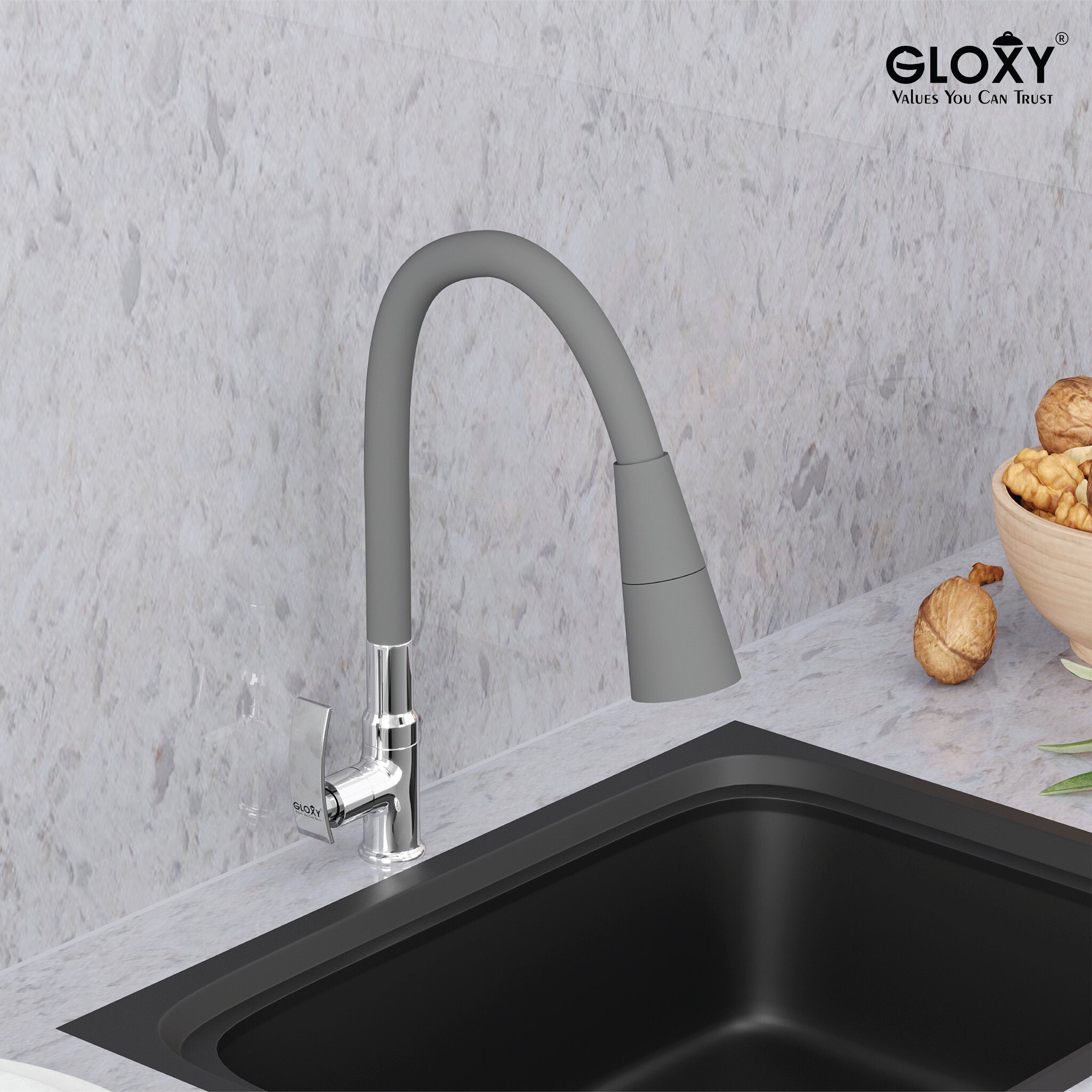 Gloxy Touch Series Dual Flow Brass Deck Mount 360° Flexible Swivel Faucet – Grey Finish