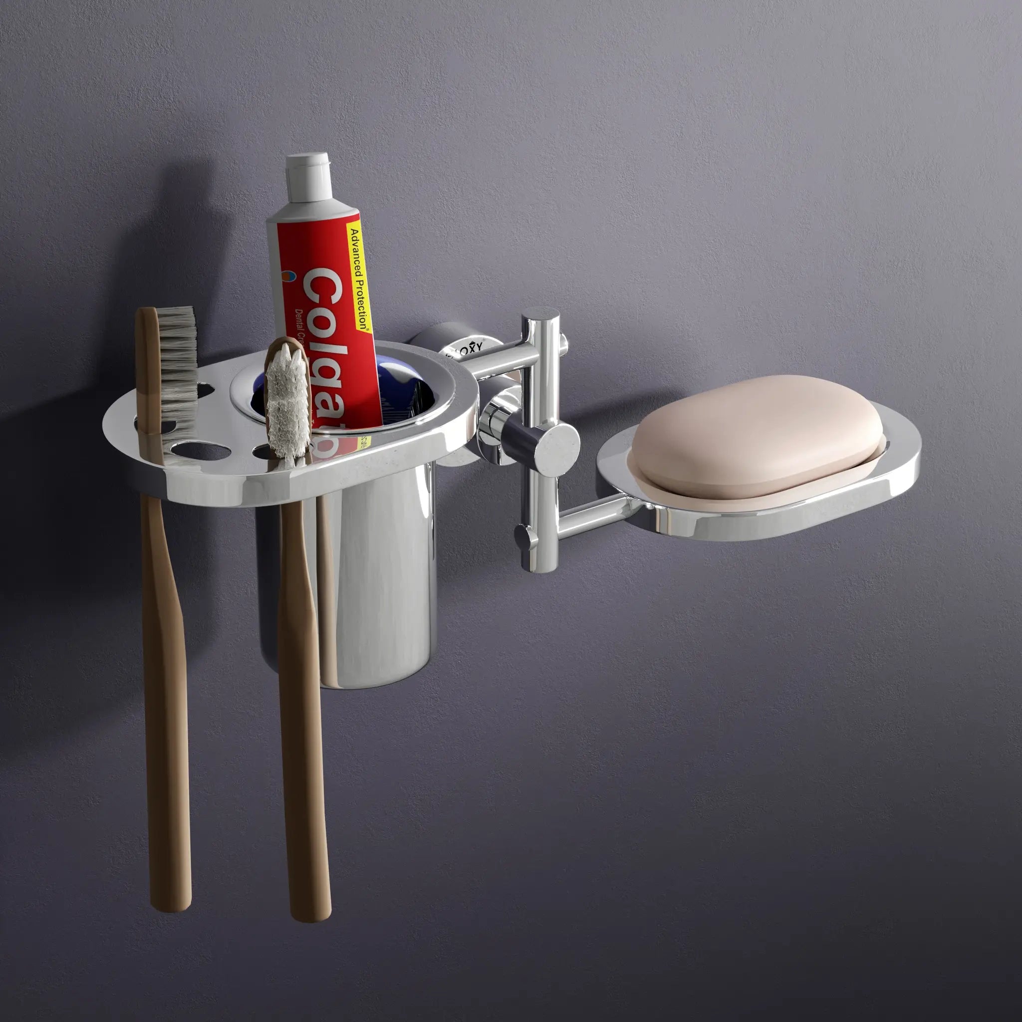 Gloxy Round Shape Stainless Steel 202 Grade Chrome Finish Single Soap Holder With Tumbler & Toothbrush Holder