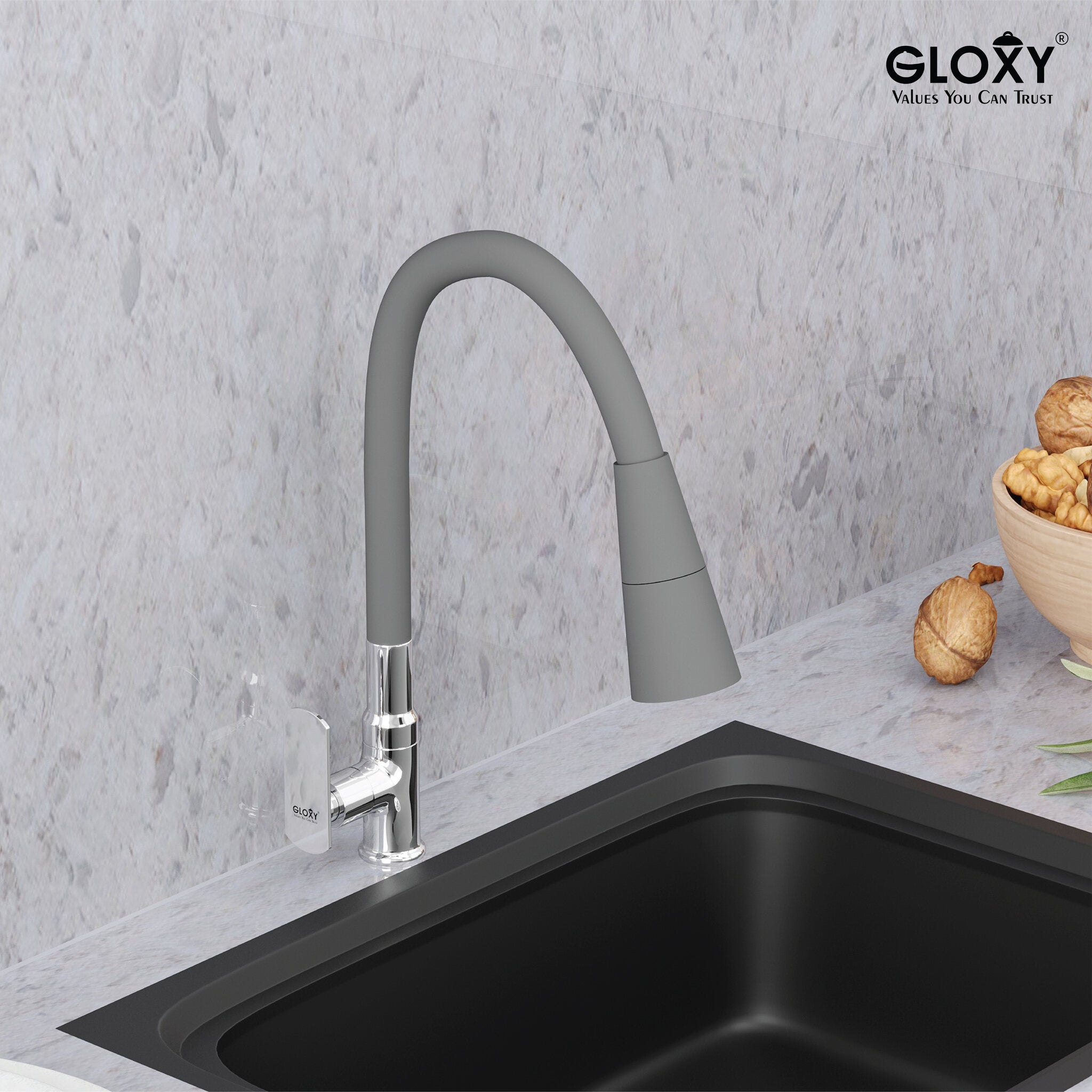 Gloxy Jet+ Series Dual Flow Brass Deck Mount 360° Flexible Swivel Faucet-Grey Finish