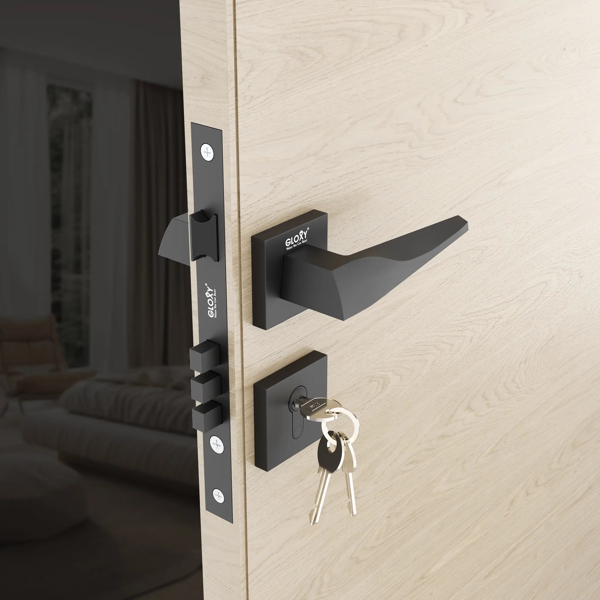 Gloxy Oxlar Series Black Finish Mortise Main Door key Lock With Handle