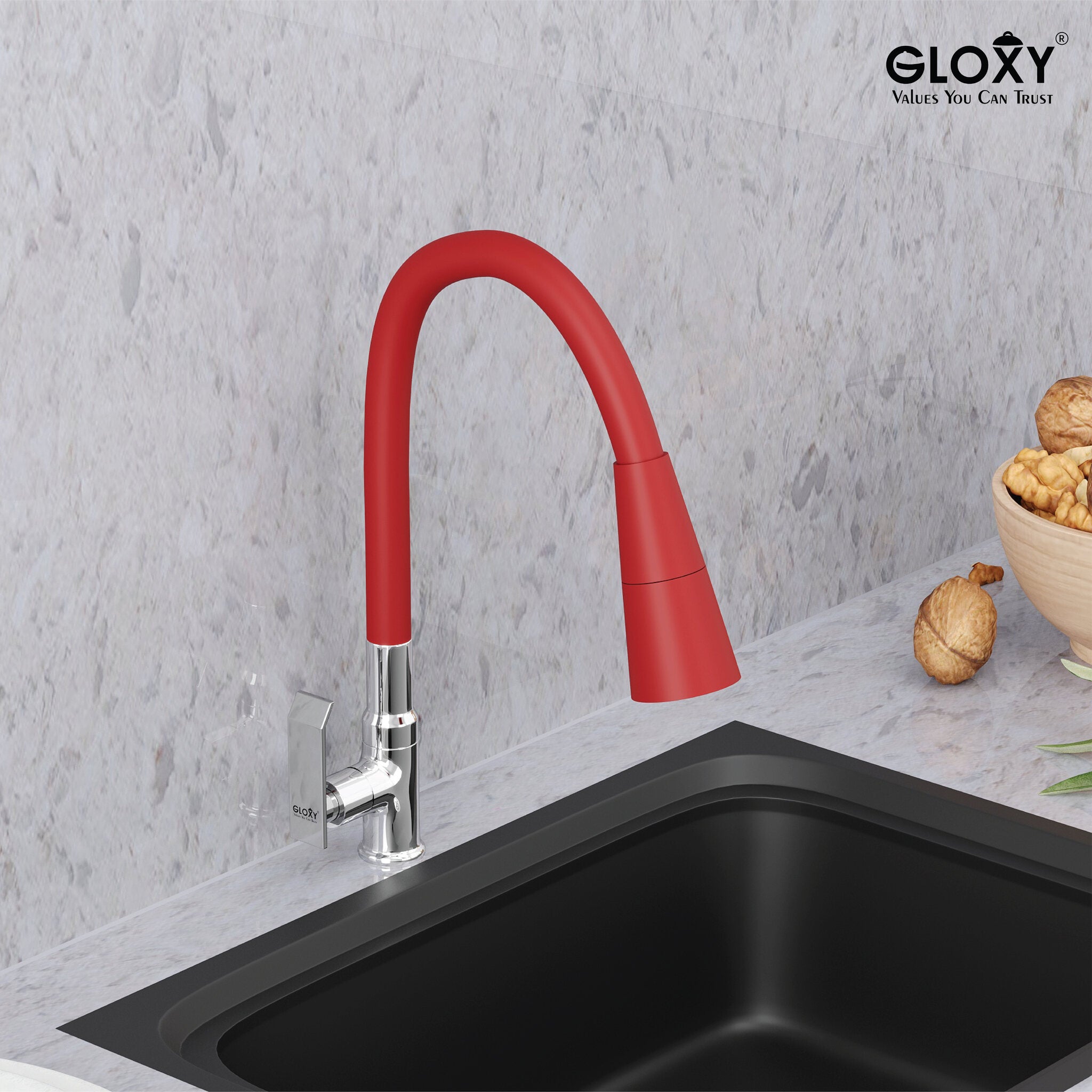 Gloxy Imperial Series Dual Flow Brass Deck Mount 360° Flexible Swivel Faucet-Red Finish