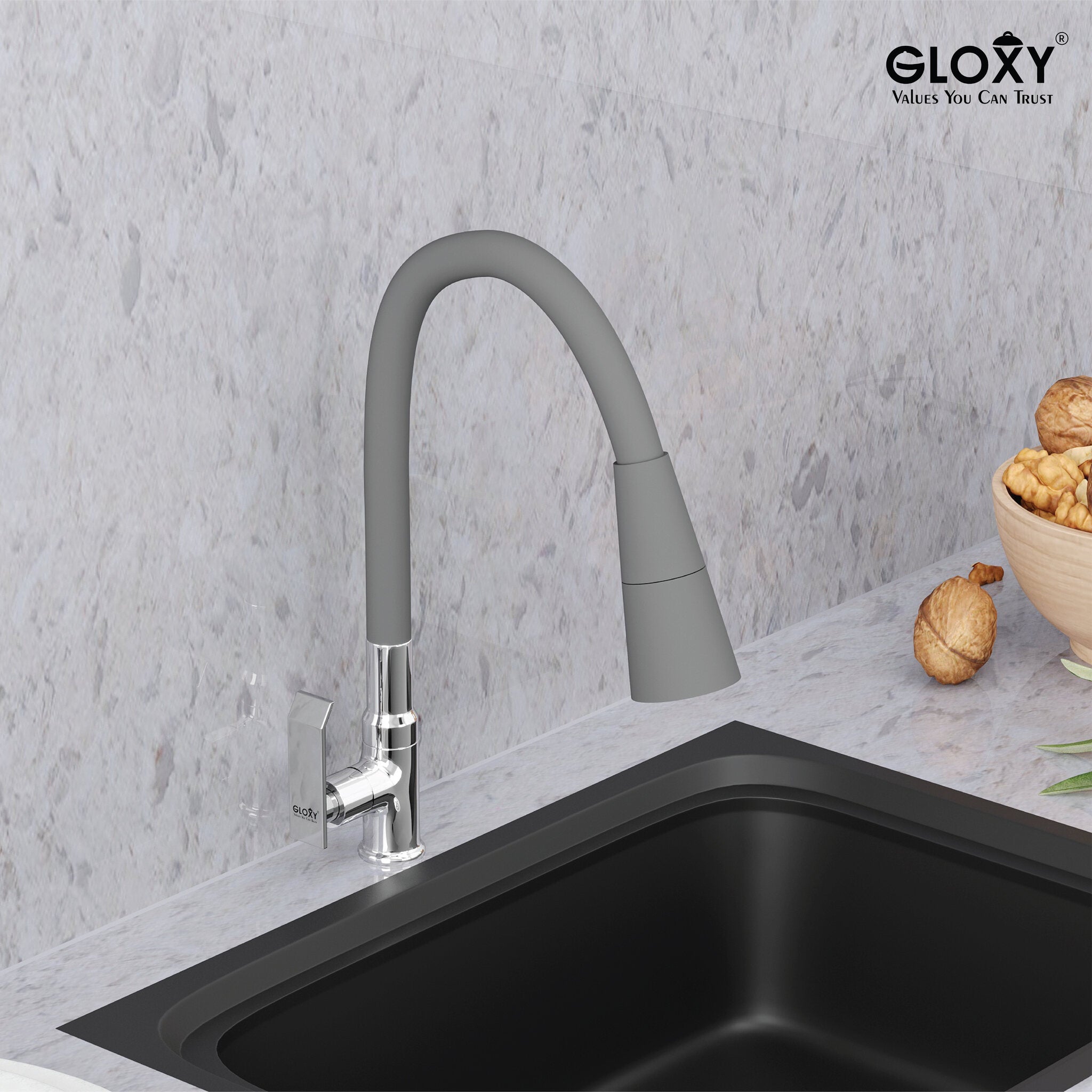 Gloxy Imperial Series Dual Flow Brass Deck Mount 360° Flexible Swivel Faucet-Grey Finish