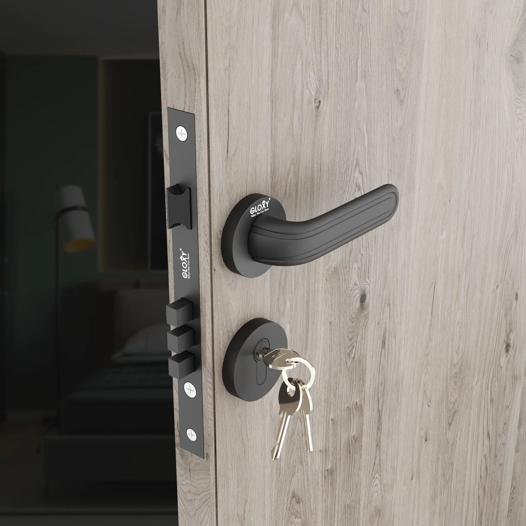 Gloxy Tavin Series Black Finish Mortise Main Door key Lock With Handle