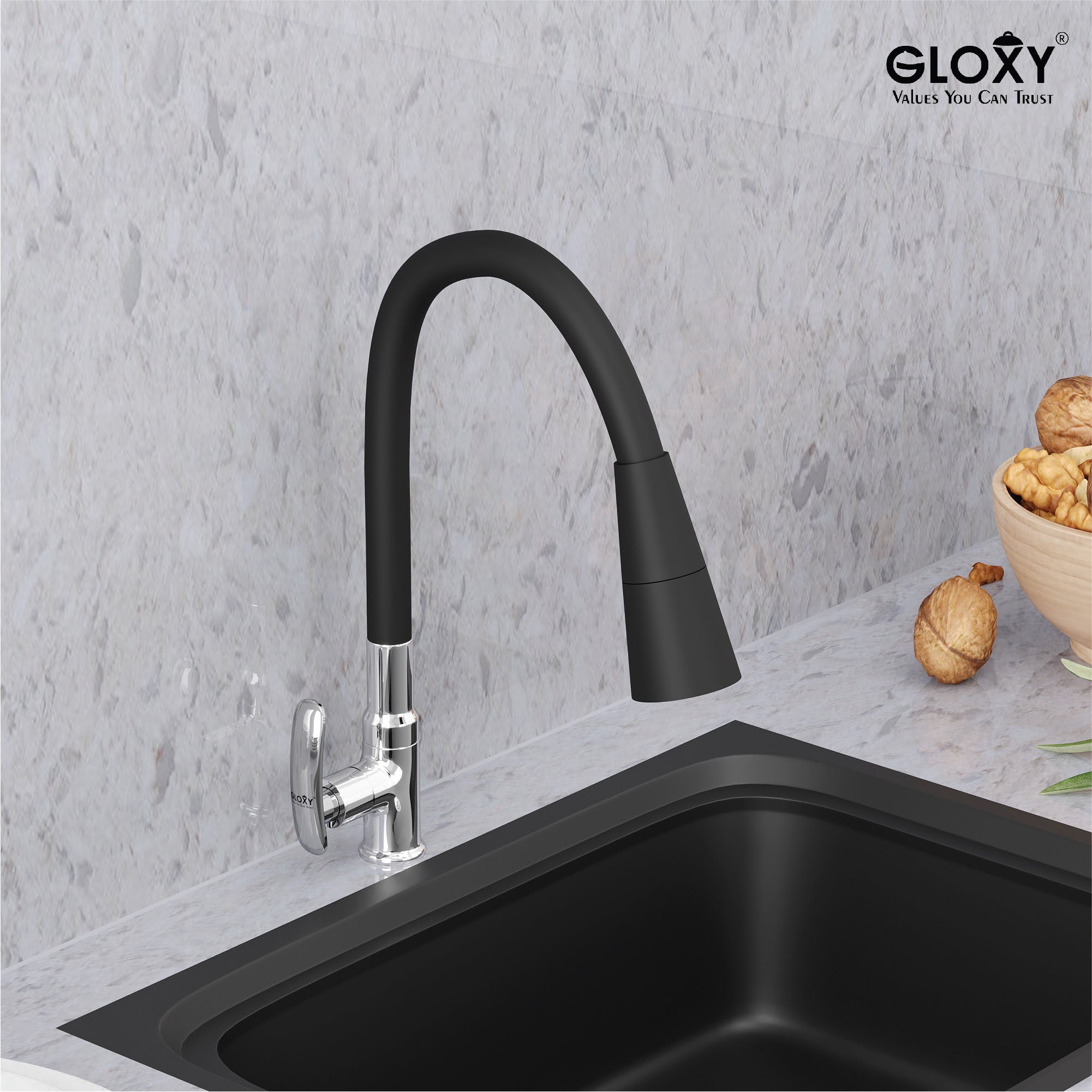 Gloxy Riva Series Dual Flow Brass Deck Mount 360° Flexible Swivel Faucet-Black Finish