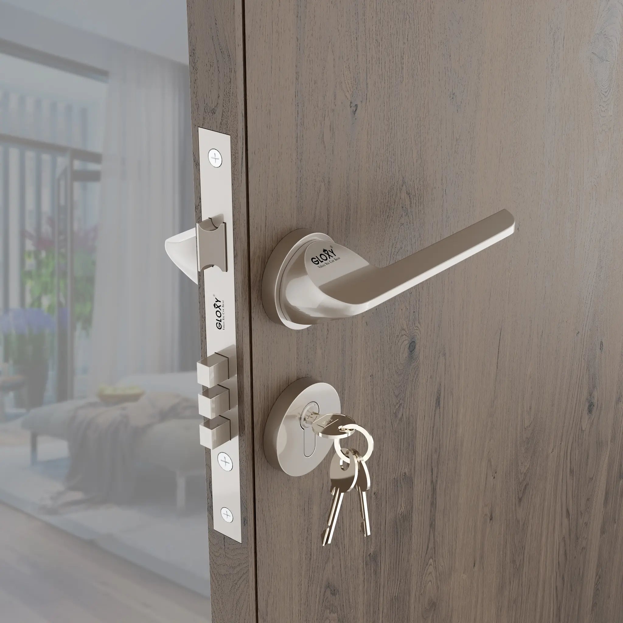 Gloxy Garnik Series Satin Chrome Finish Mortise Main Door key Lock With Handle