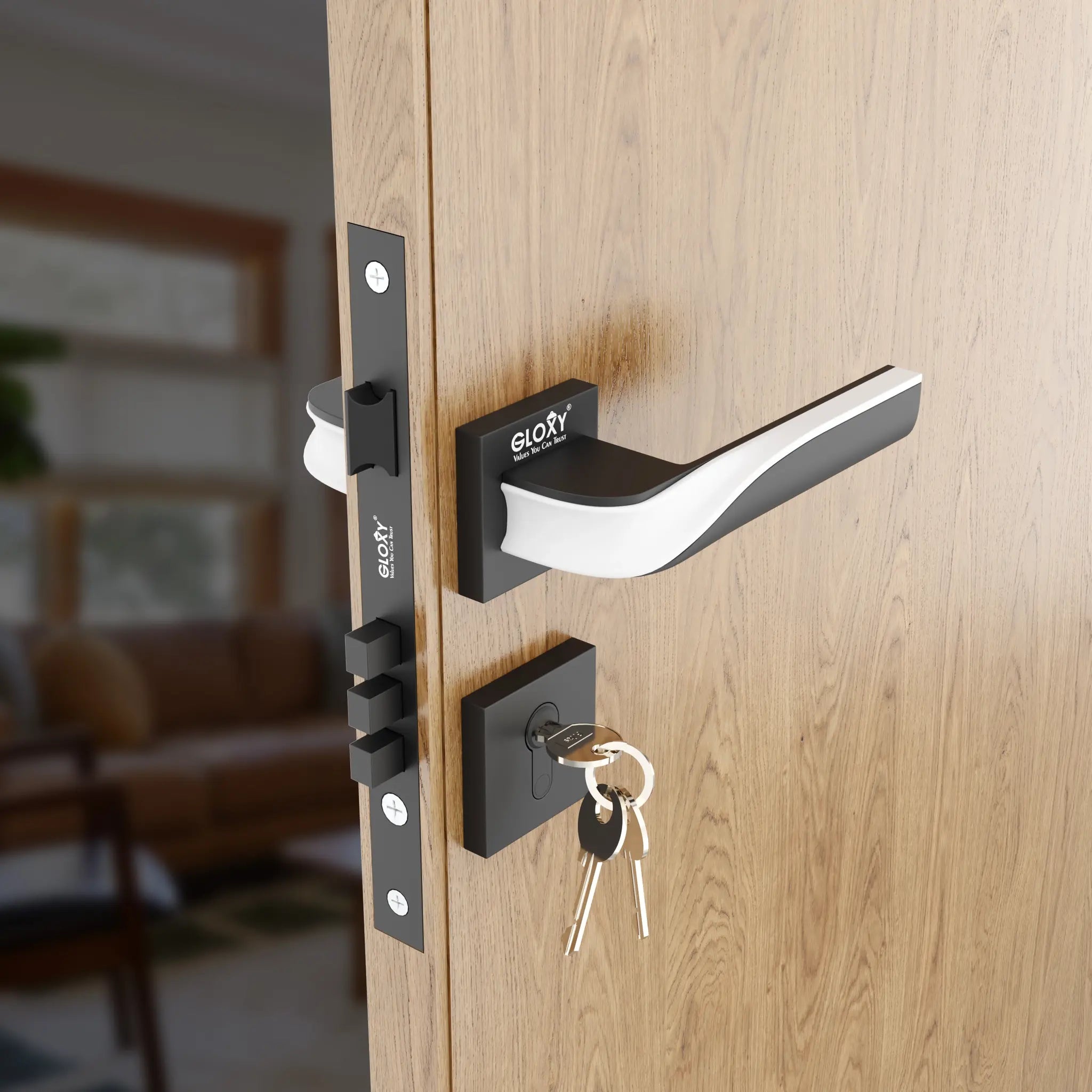Gloxy Morza Series Black Finish Mortise Main Door key Lock With Handle
