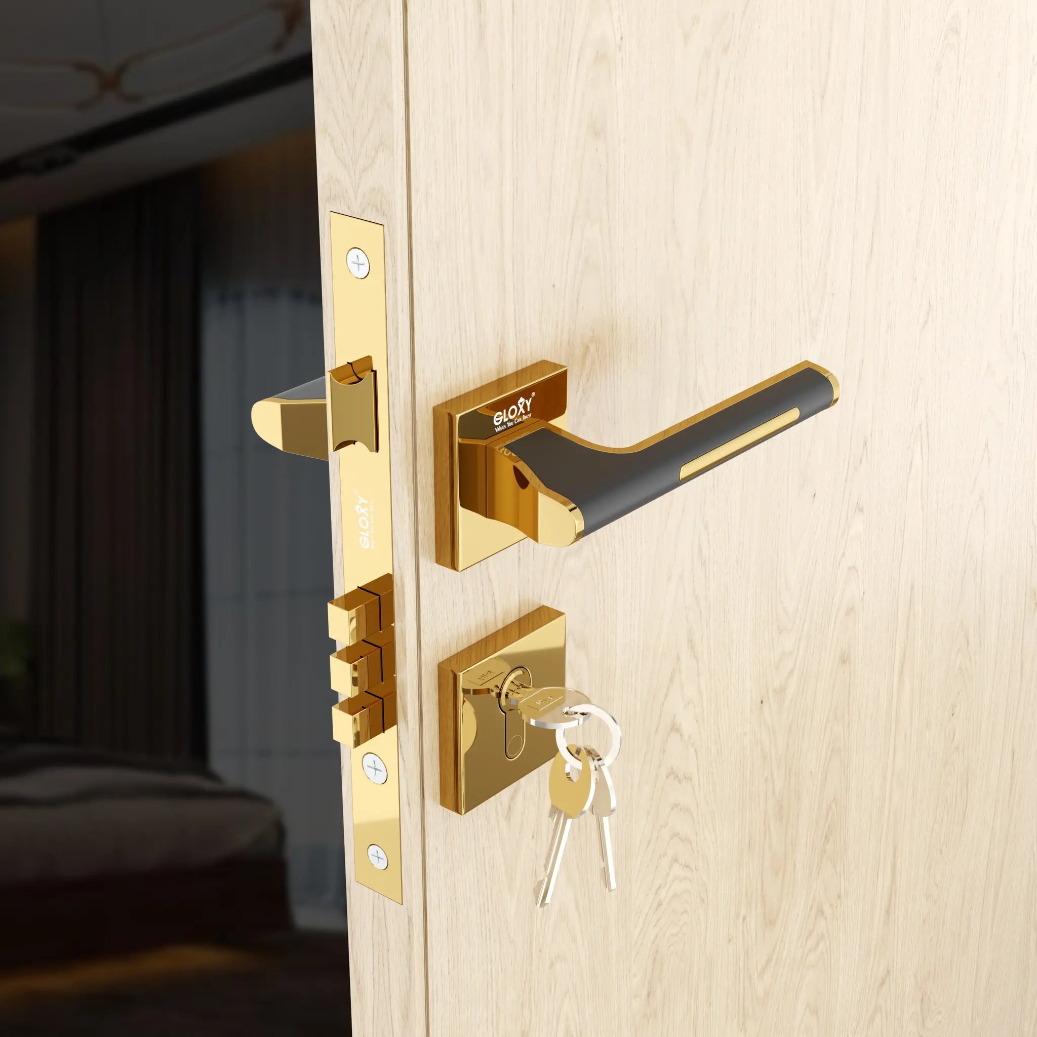 Gloxy Orbix Series Gold Finish Mortise Main Door key Lock With Handle