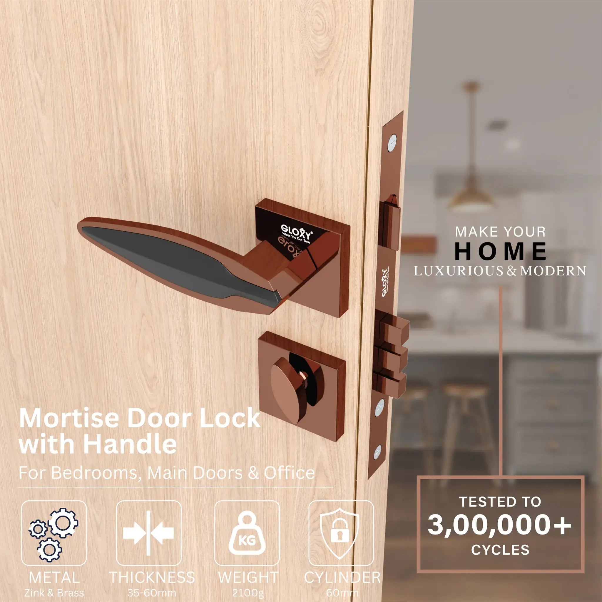 Gloxy Kavro Series Rose Gold Finish Mortise Main Door Key Lock With Handle