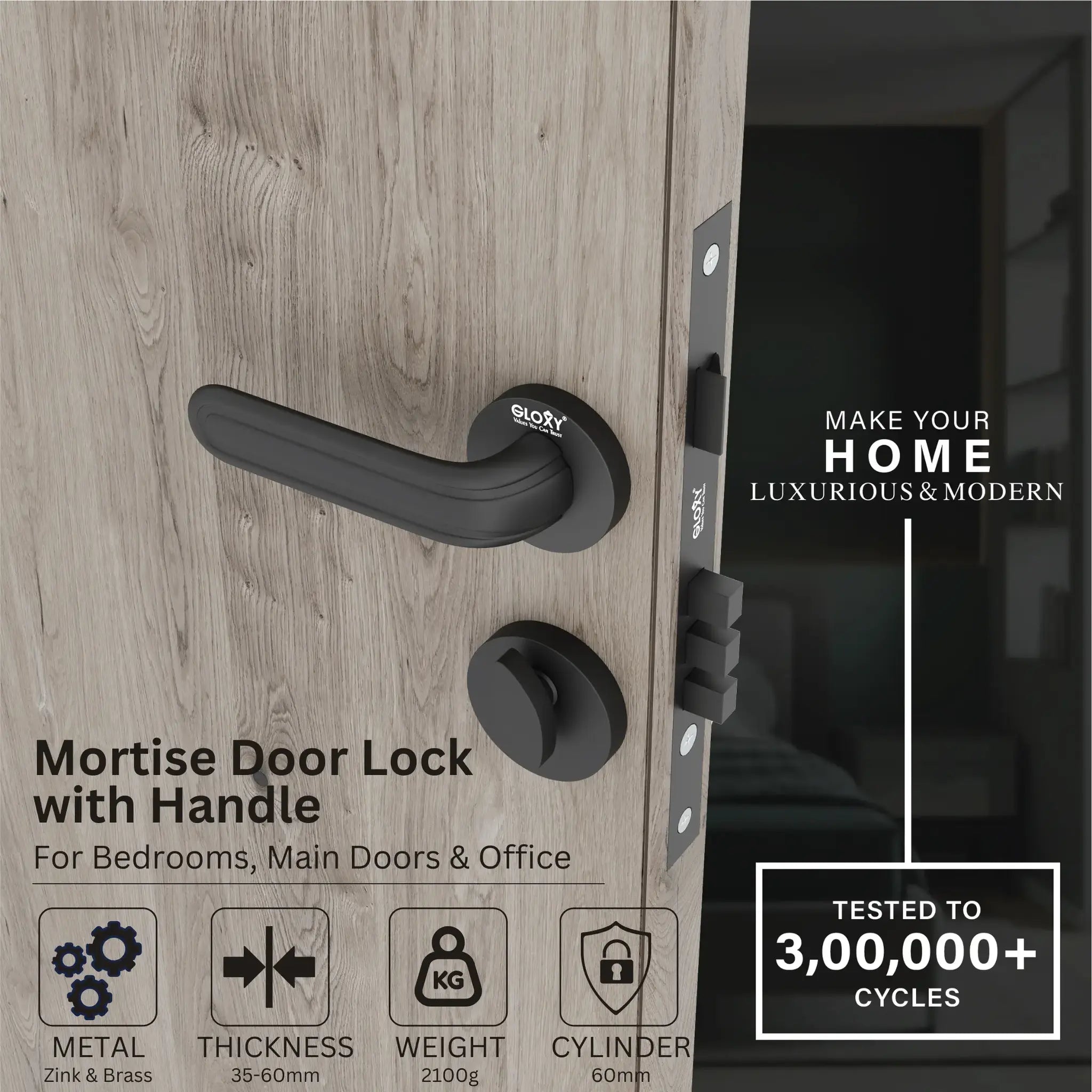 Gloxy Tavin Series Black Finish Mortise Main Door key Lock With Handle