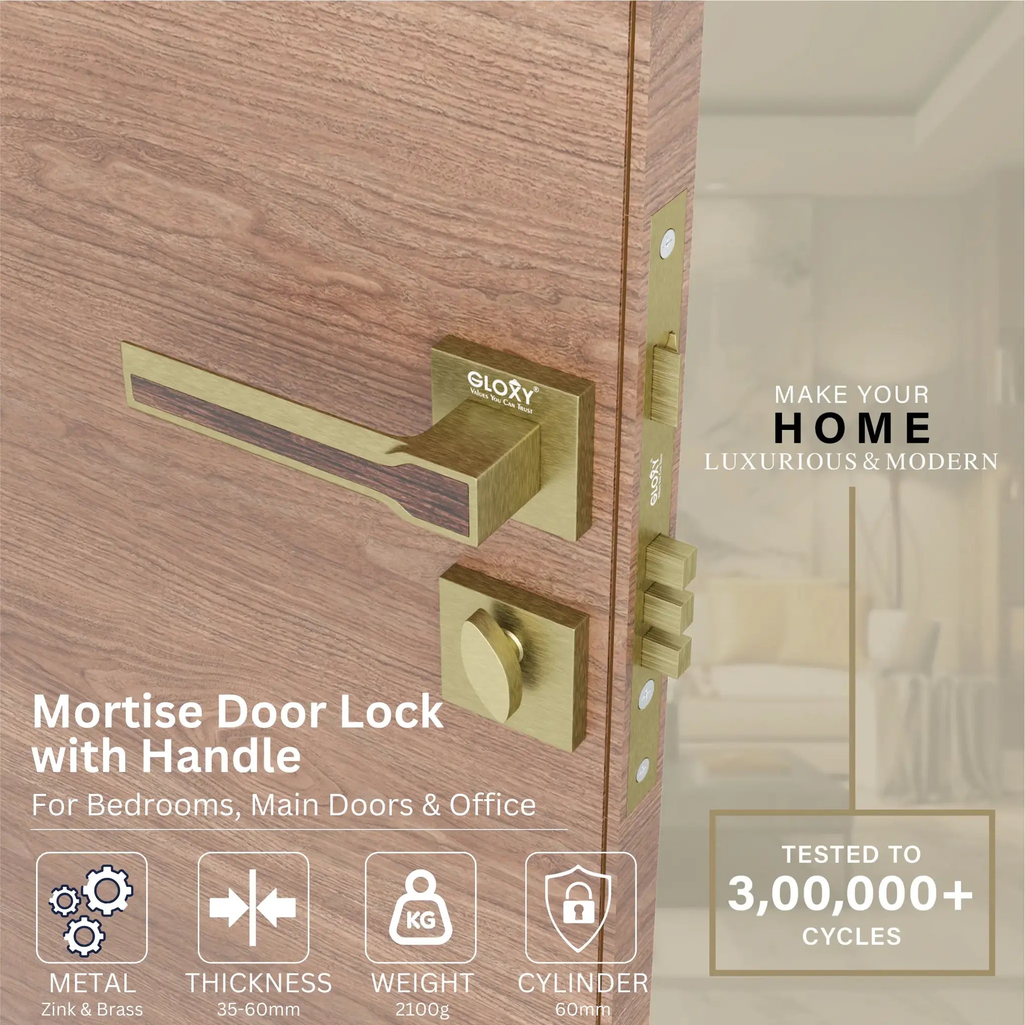Gloxy Torin Series Antique Finish Mortise Main Door key Lock With Handle
