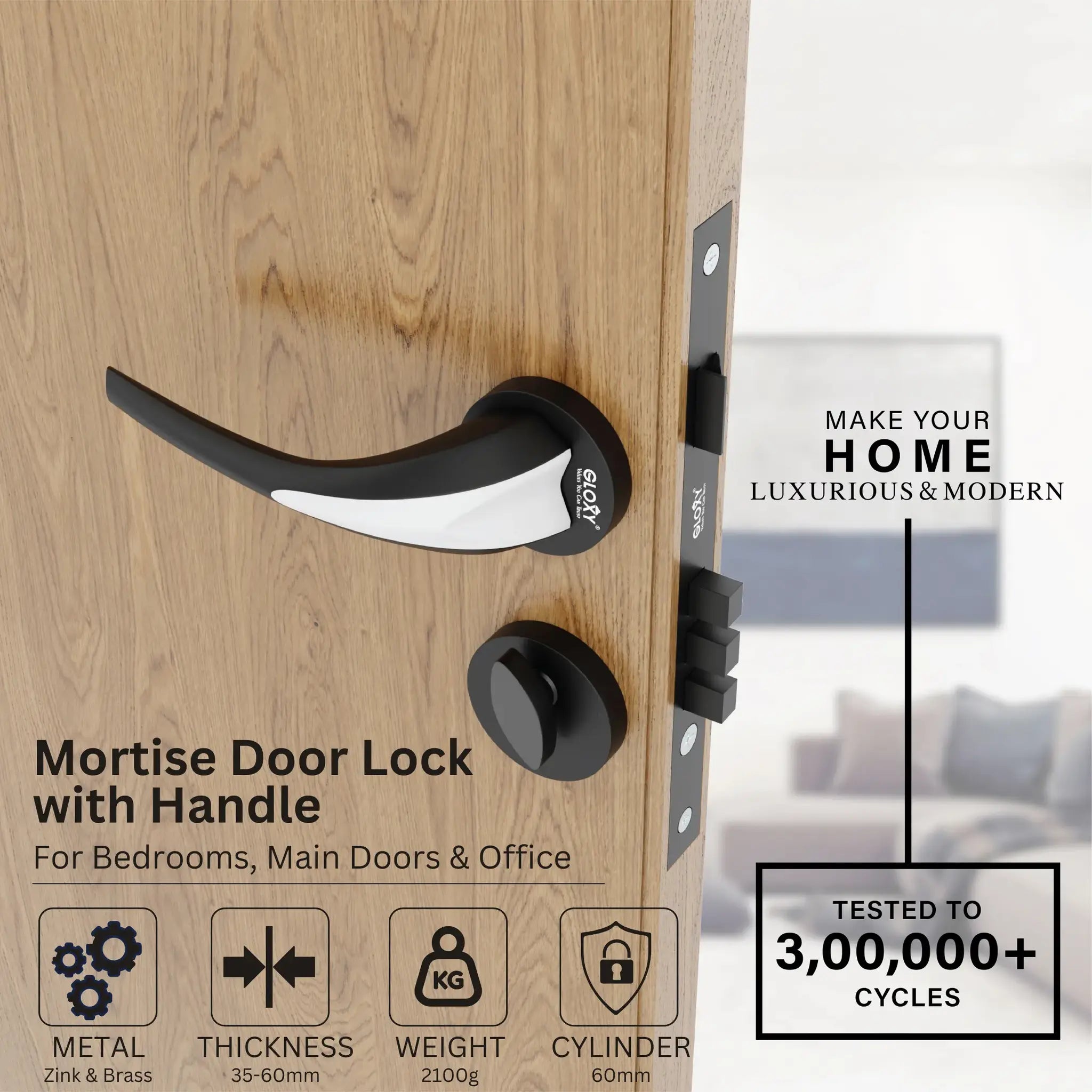 Gloxy Lumax Series Black Finish Mortise Main Door Key Lock With Handle