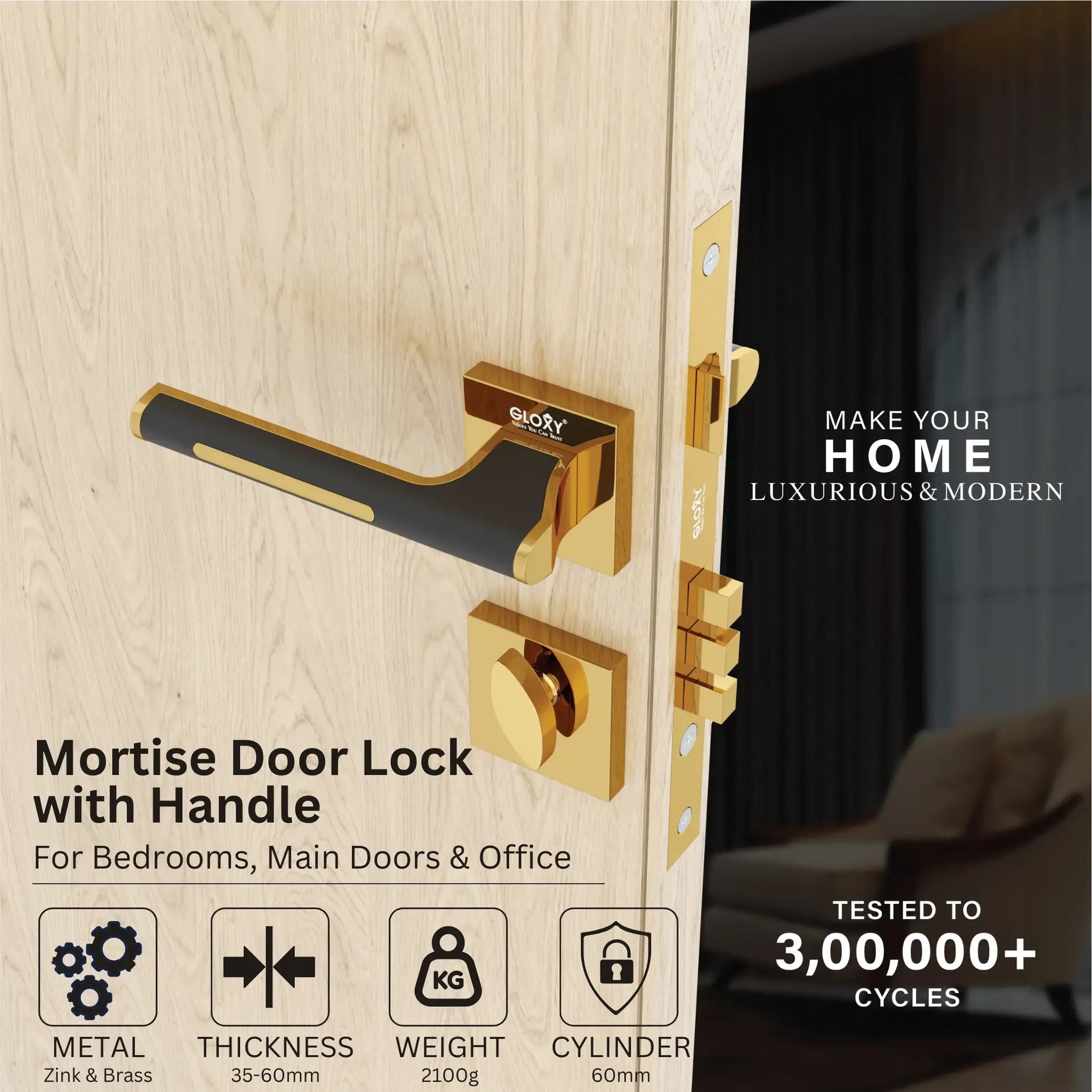Gloxy Orbix Series Gold Finish Mortise Main Door key Lock With Handle