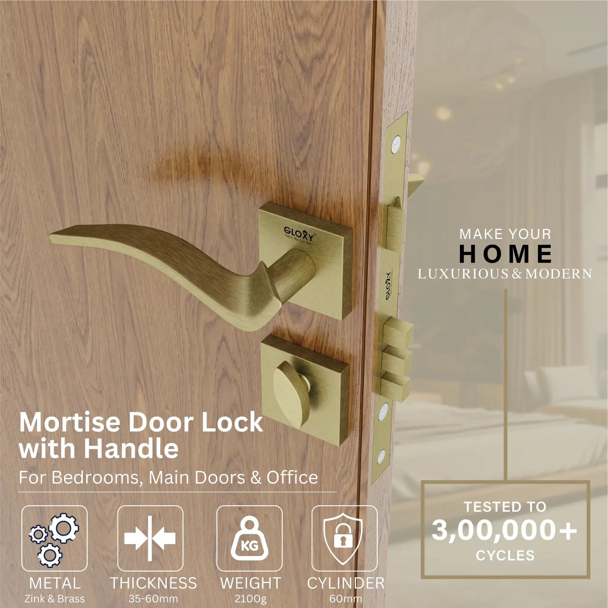Gloxy Ronik Series Antique Finish Mortise Main Door key Lock With Handle
