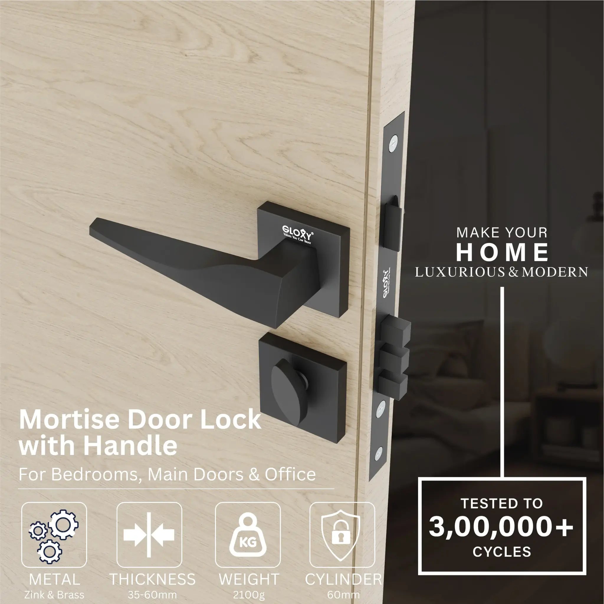 Gloxy Oxlar Series Black Finish Mortise Main Door key Lock With Handle