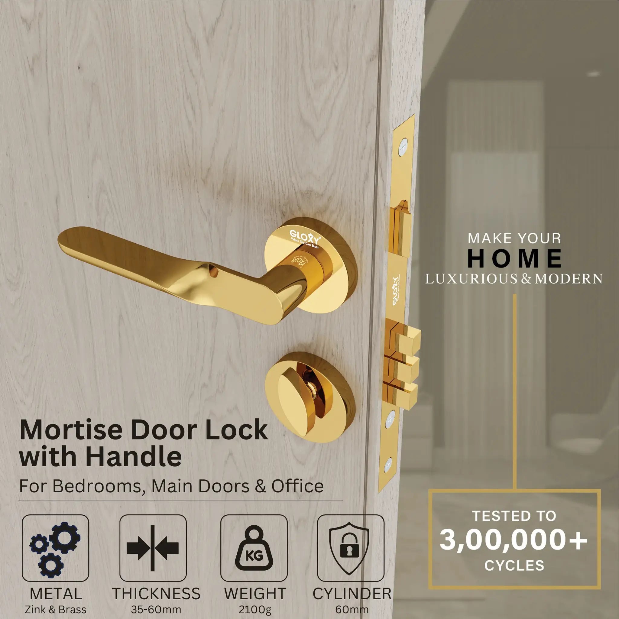 Gloxy Revok Series Gold Finish Mortise Main Door key Lock With Handle