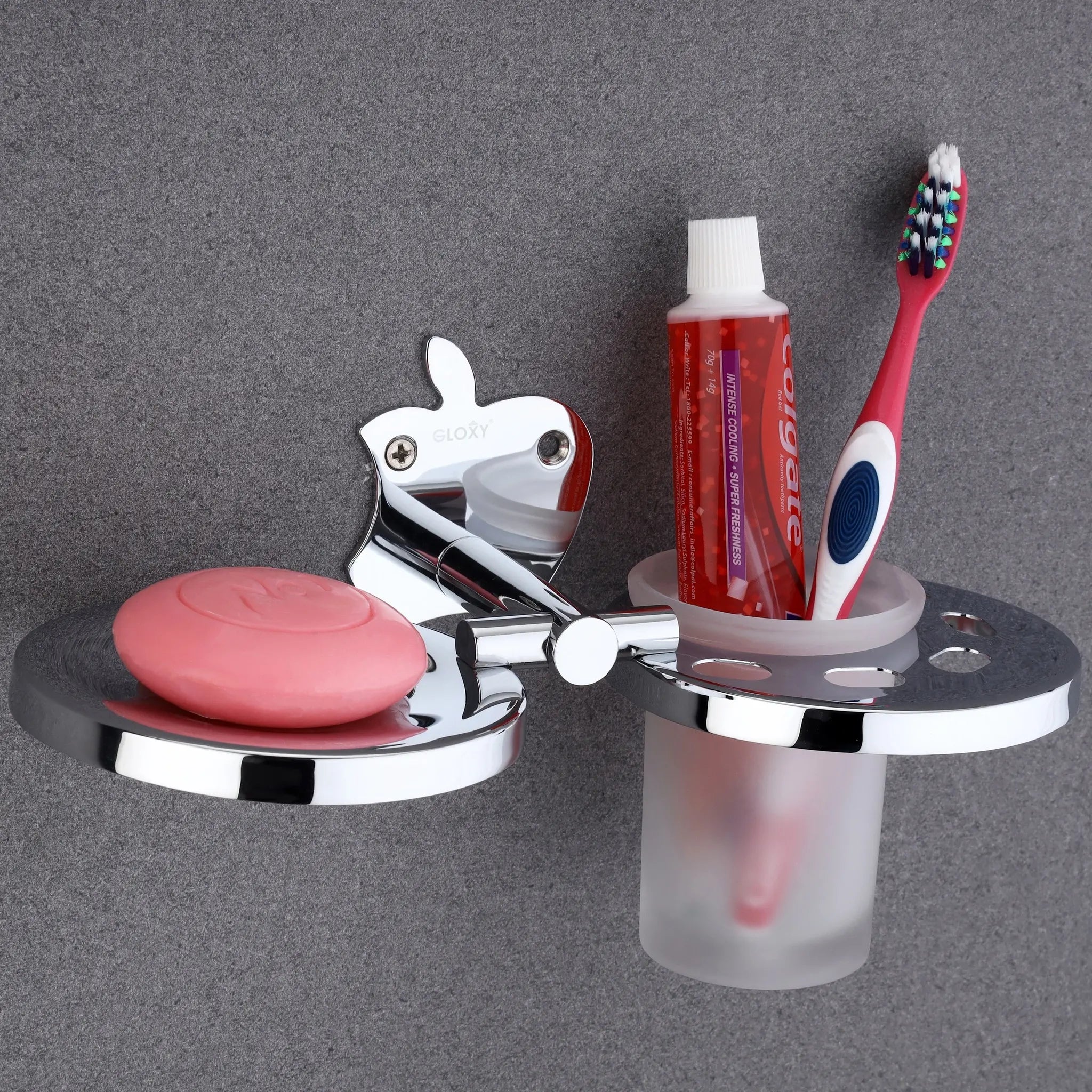 Gloxy Apple Shape Stainless Steel 304 Grade Chrome Finish Single Soap Holder With Glass Tumbler Holder