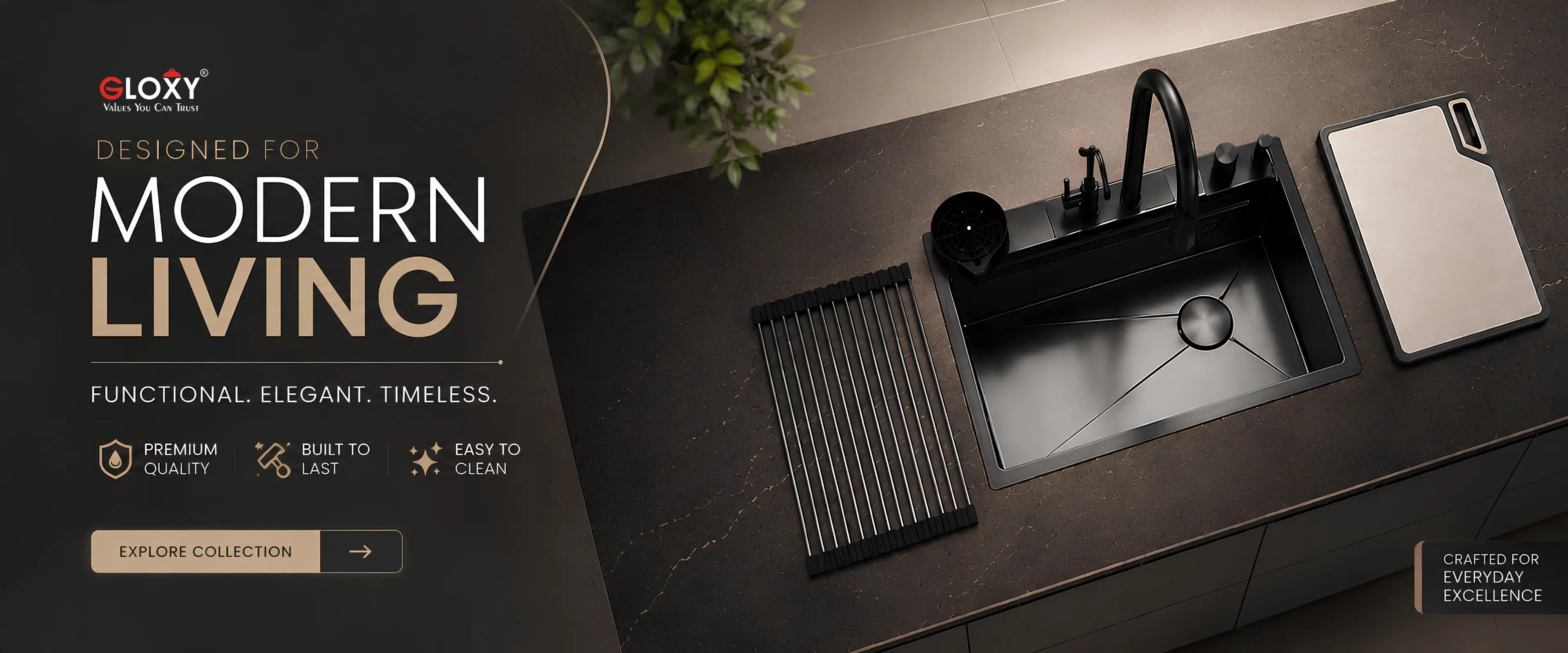 A modern kitchen countertop setup featuring a black sink with a gooseneck faucet, a black slotted drain basket, and a white cutting board, shown in a dark interior with promotional text on the left.