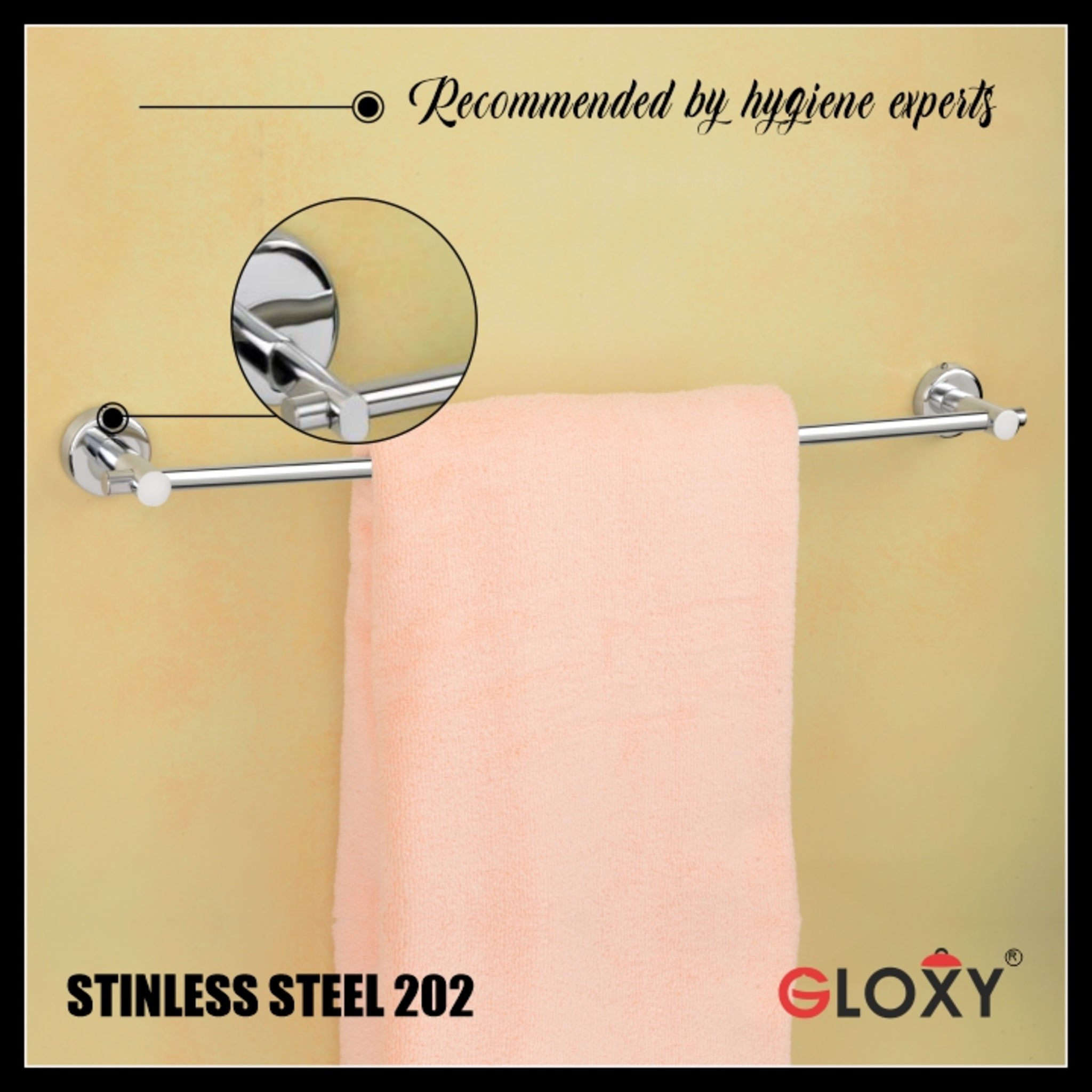 A stainless steel towel rod with a wall mount installation, featuring a round shape and a shiny metallic finish. A pink towel is hanging on it, and there's a text overlay that reads 'STAINLESS STEEL 202' and 'GLOXY'.
